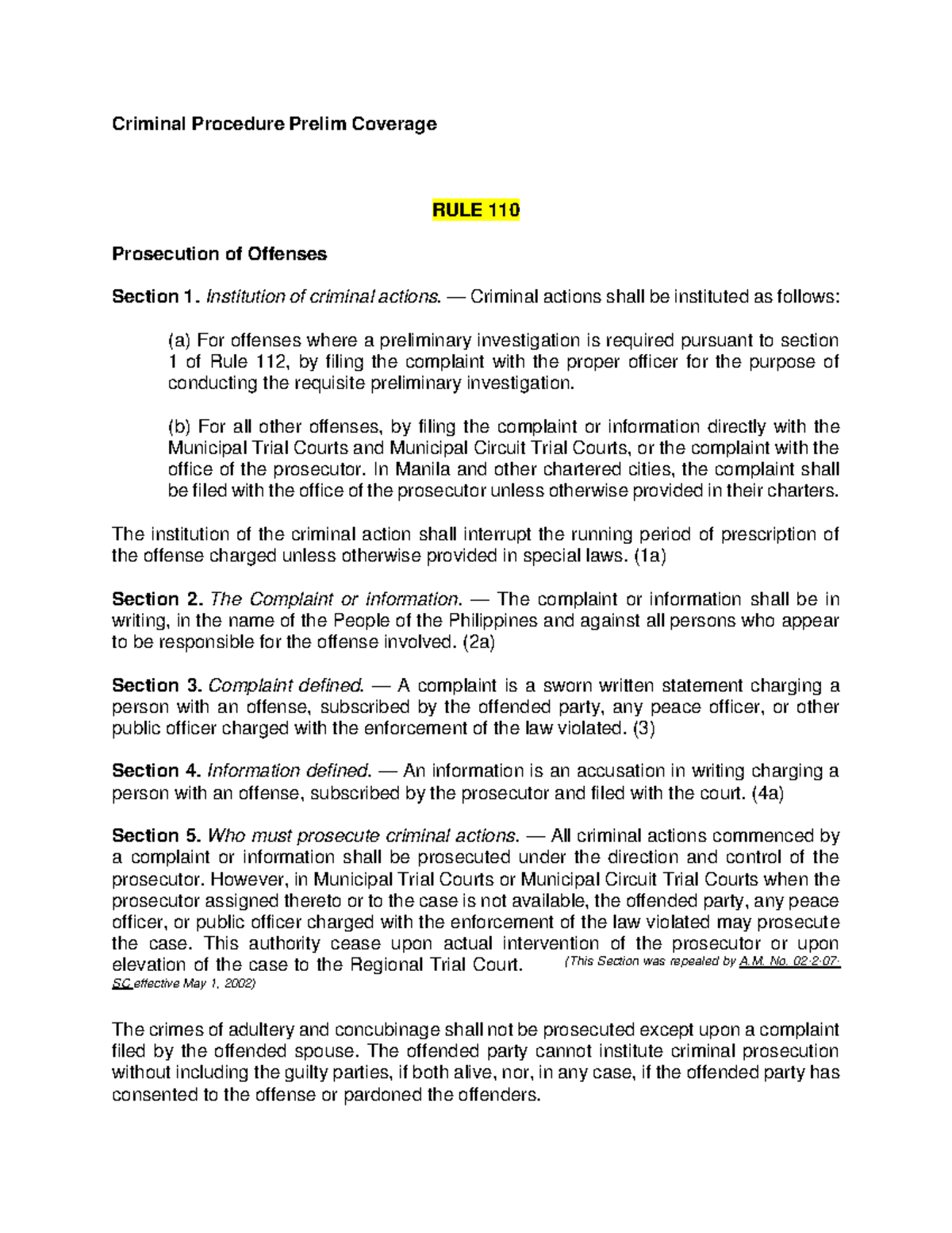 Criminal Procedure Prelim Coverage - Institution of criminal actions ...