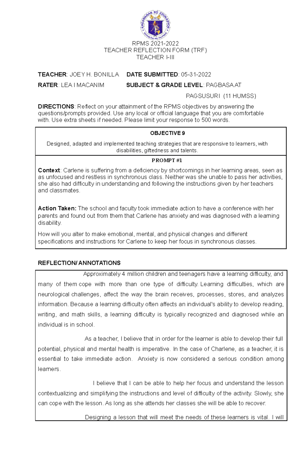 TRF-9 - for teachers - RPMS 2021- TEACHER REFLECTION FORM (TRF) TEACHER ...