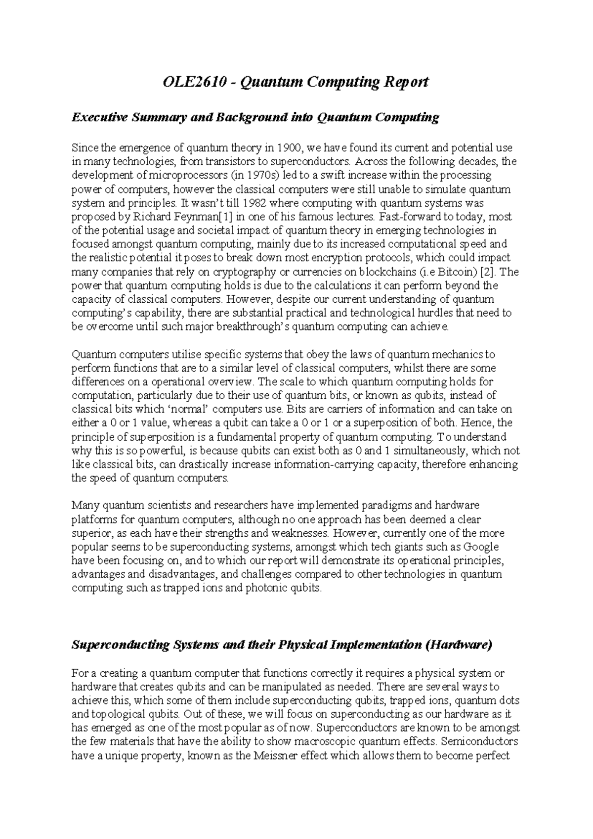 Quantum Computing Report - OLE2610 - Quantum Computing Report Executive ...