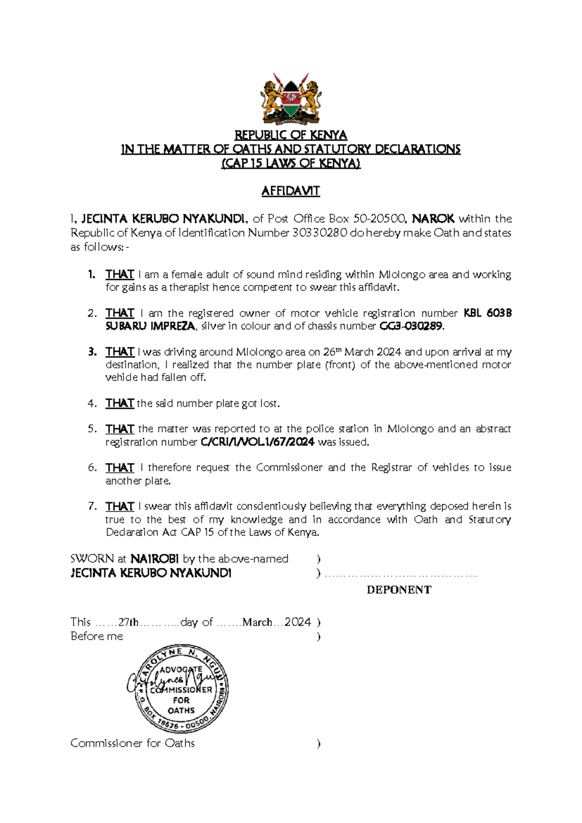 this is how to draft an affidavit for a lost number plate, in case you ...