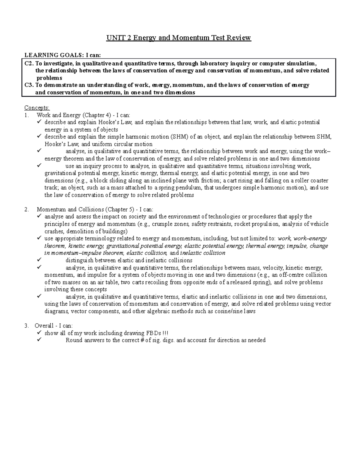Unit 2 energy and momentum test review 1 - UNIT 2 Energy and Momentum ...