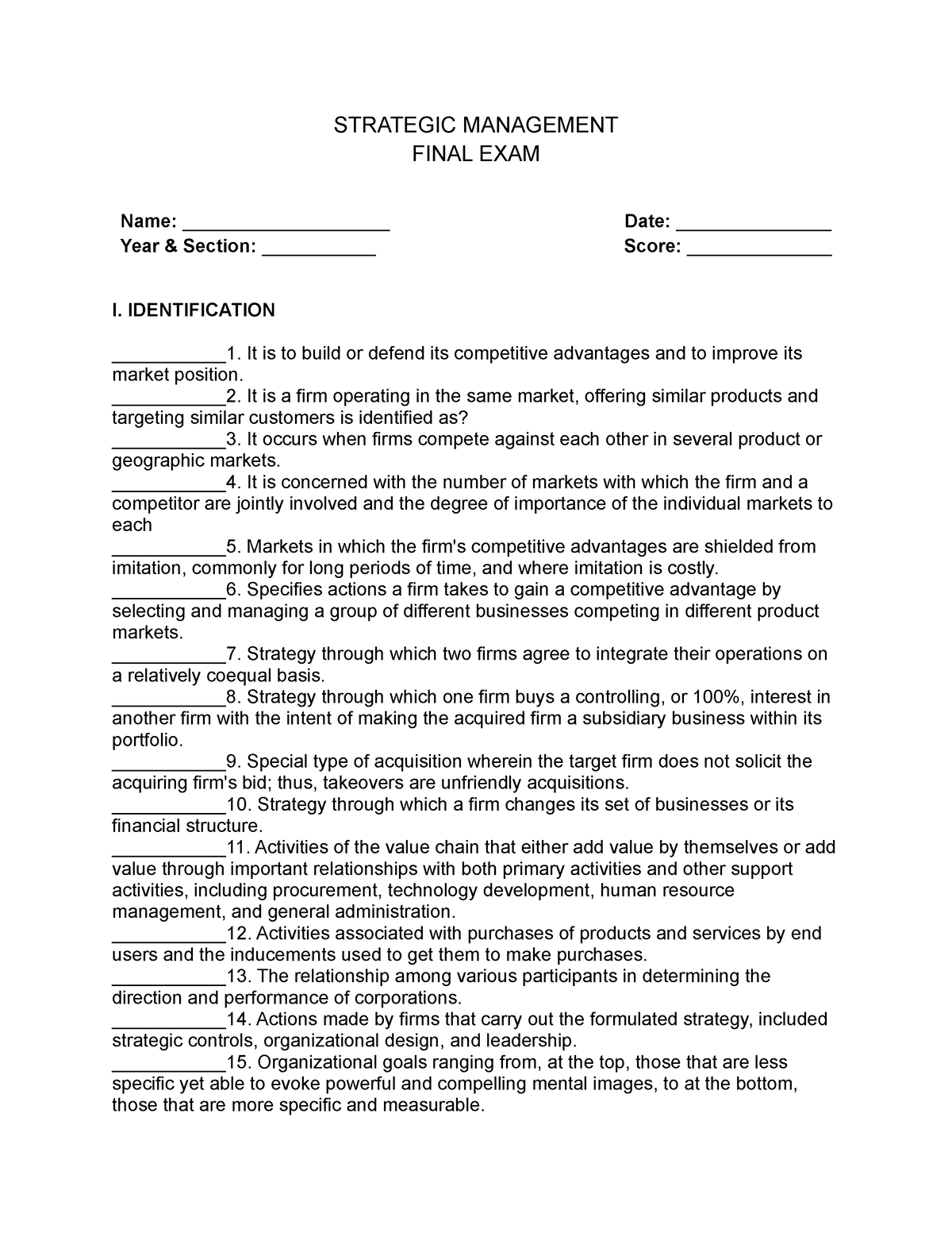 strategic management case study final exam