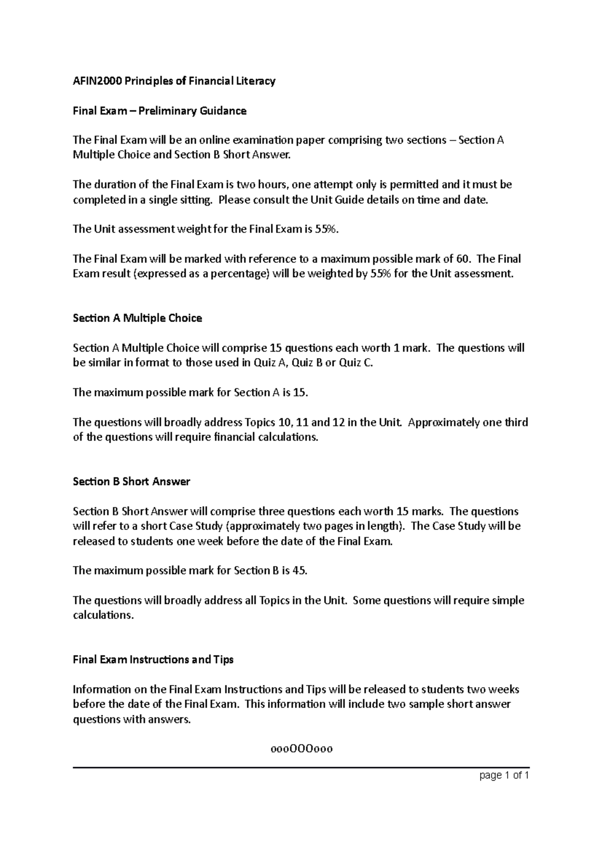 Final Exam Preliminary Guidance final AFIN2000 Principles of