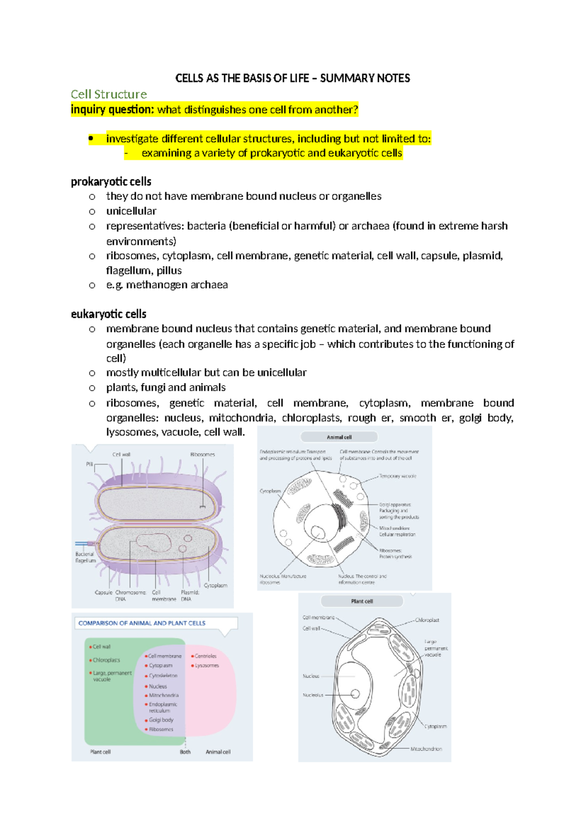 Summarised Notes for Cells as Basis of Life - CELLS AS THE BASIS OF ...