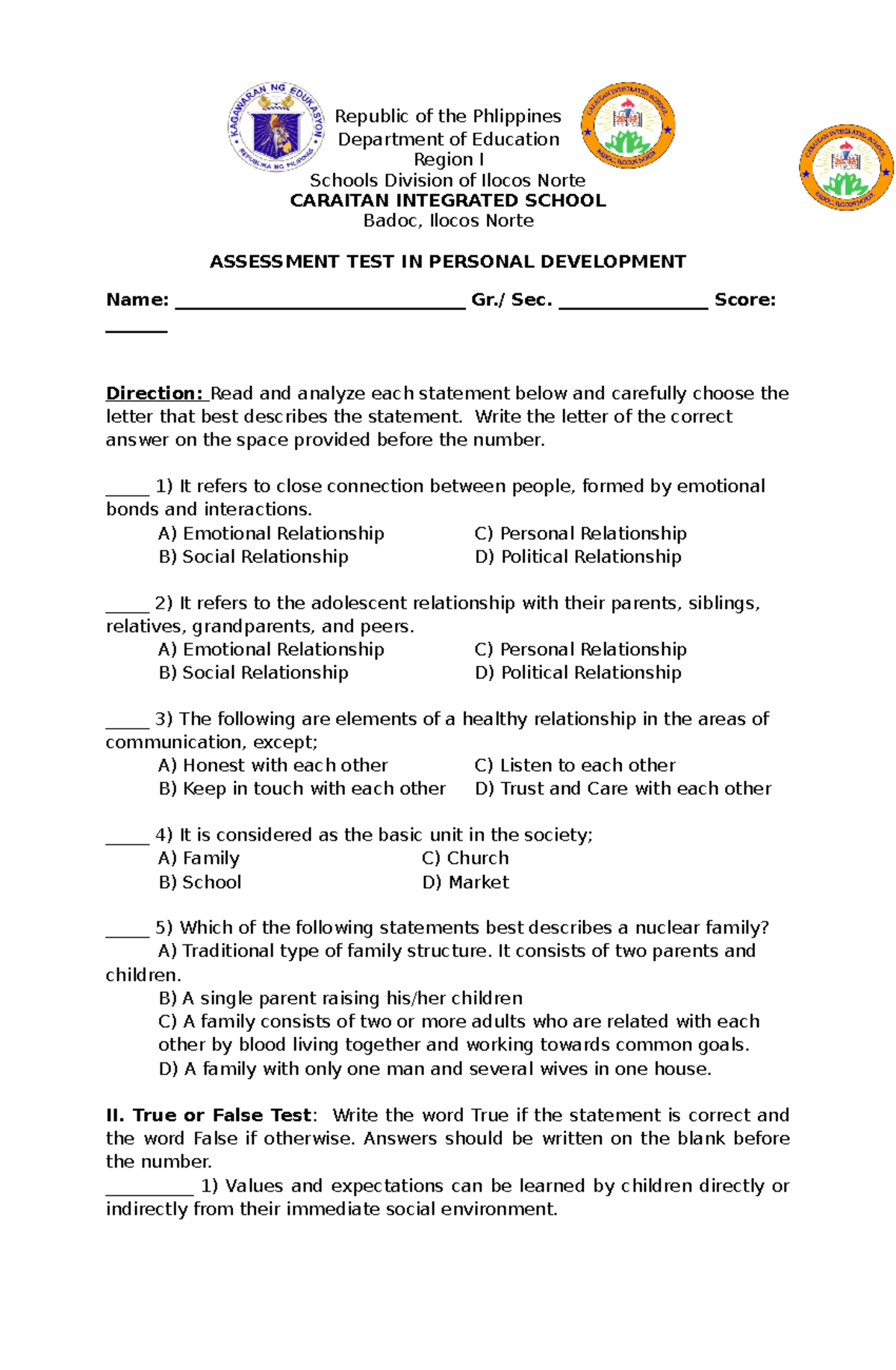Assessment test in Per Dev - Republic of the Phlippines Department of ...