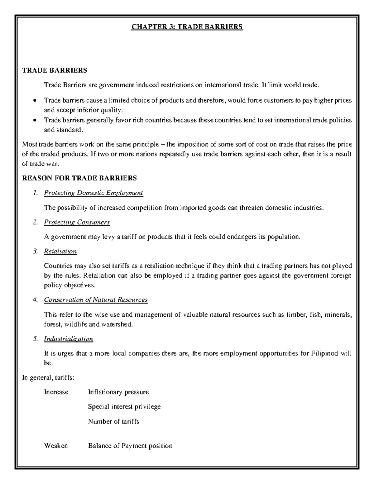International Trade Lecture 3 - CHAPTER 3: TRADE BARRIERS TRADE ...