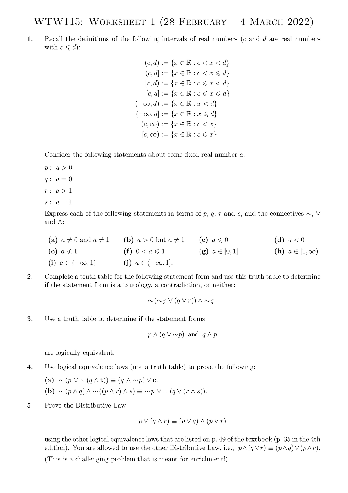 WTW115 Worksheet 1 (2022) - WTW115: Worksheet 1 (28 February – 4 March ...