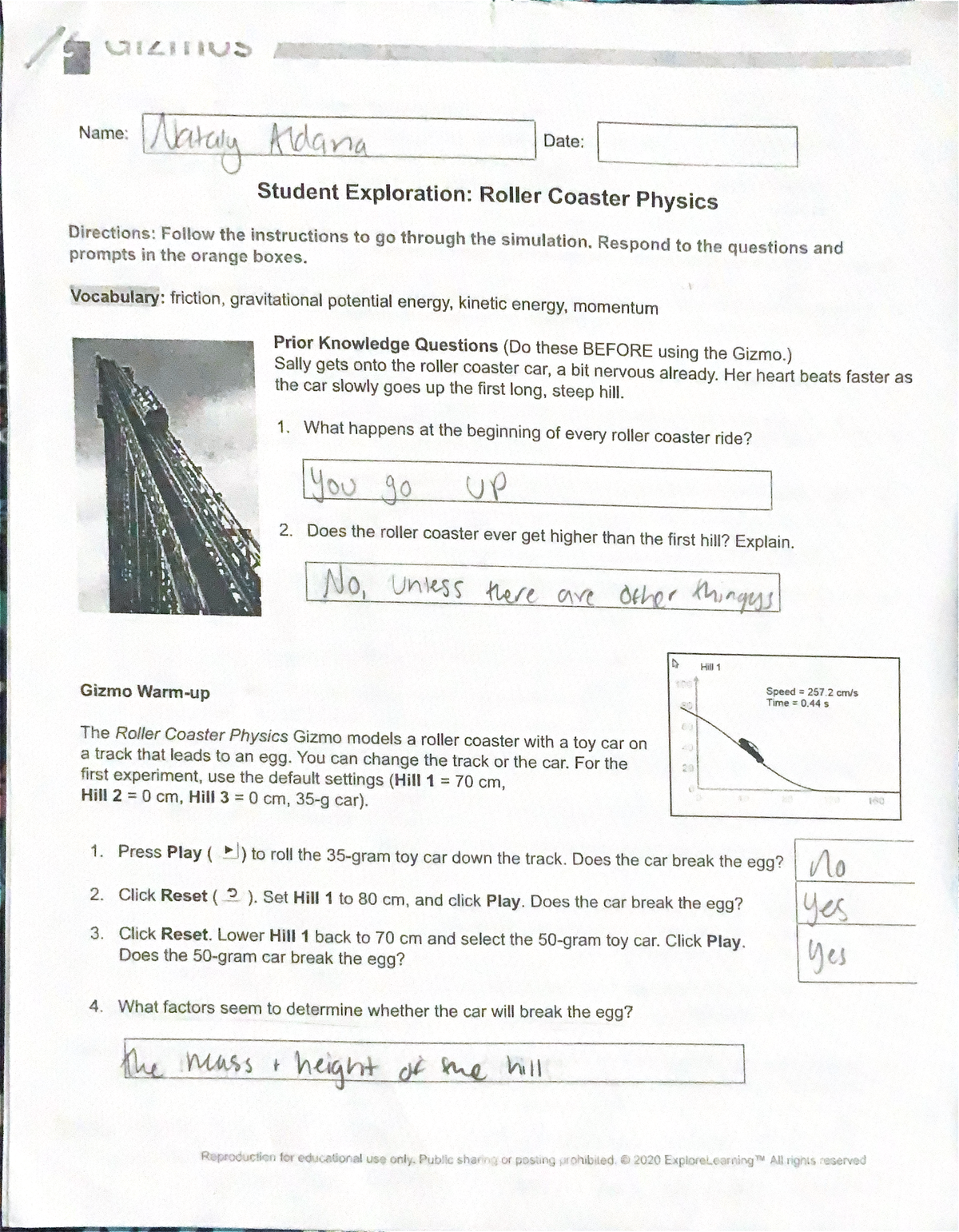 Student Exploration Roller Coaster Physics Studocu