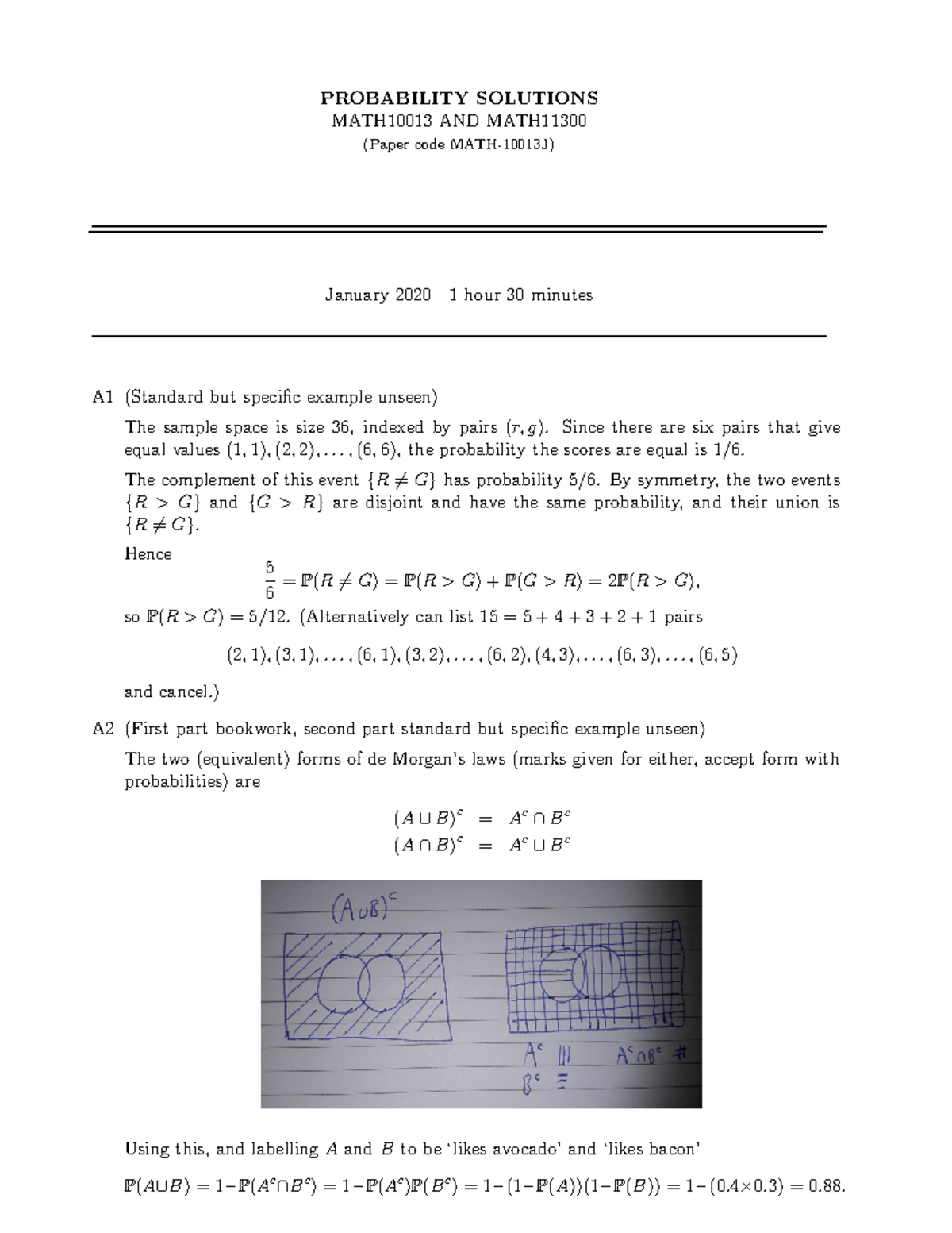 Probability exam solutions 2020 - PROBABILITY SOLUTIONS MATH10013 AND ...
