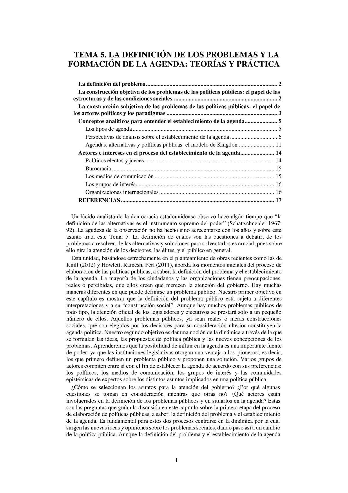 TEMA 5 Definición de problemas y formación de la agenda - TEMA 5. LA ...