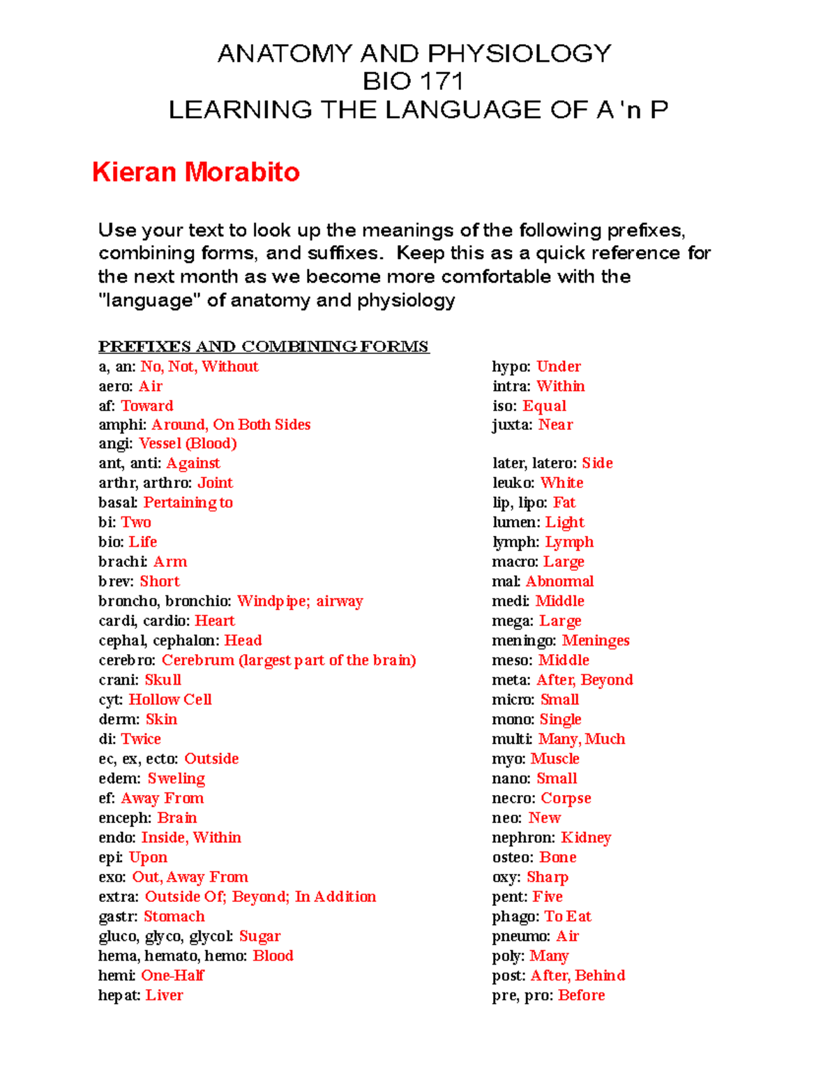 Language OF Anatomy - ANATOMY AND PHYSIOLOGY BIO 171 LEARNING ...