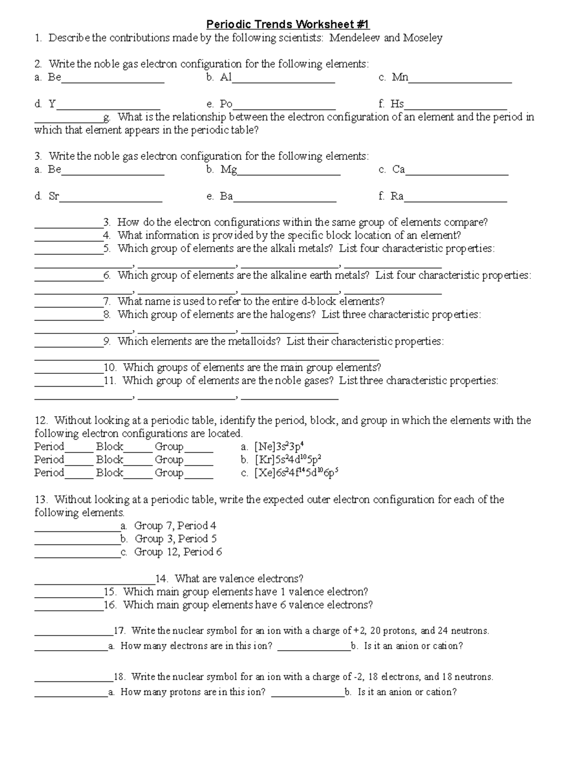 Periodic Table Trends Worksheet 1 2 TR 2012 - Periodic Trends Worksheet ...