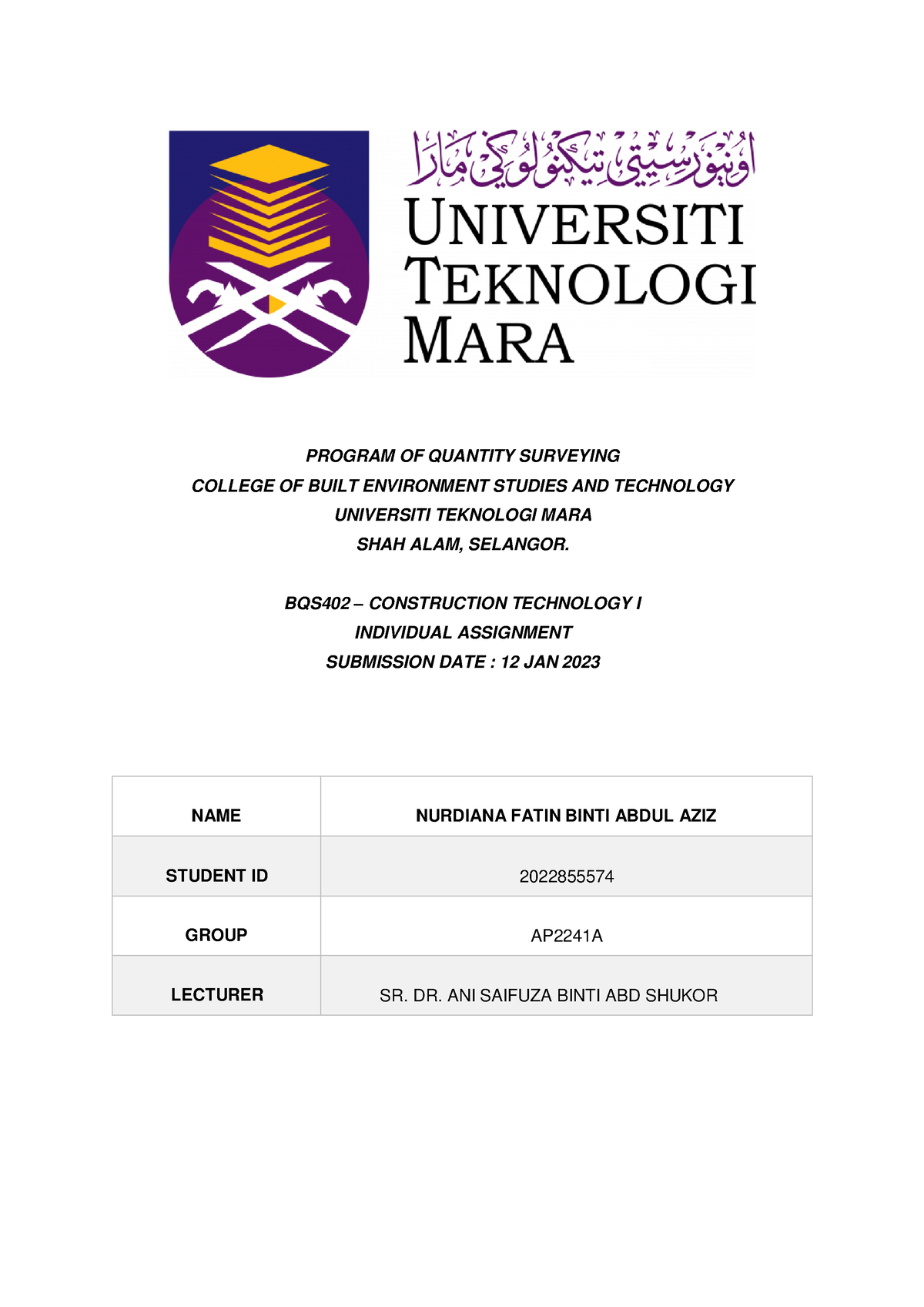 BQS402 Saimen Individu - PROGRAM OF QUANTITY SURVEYING COLLEGE OF BUILT ...