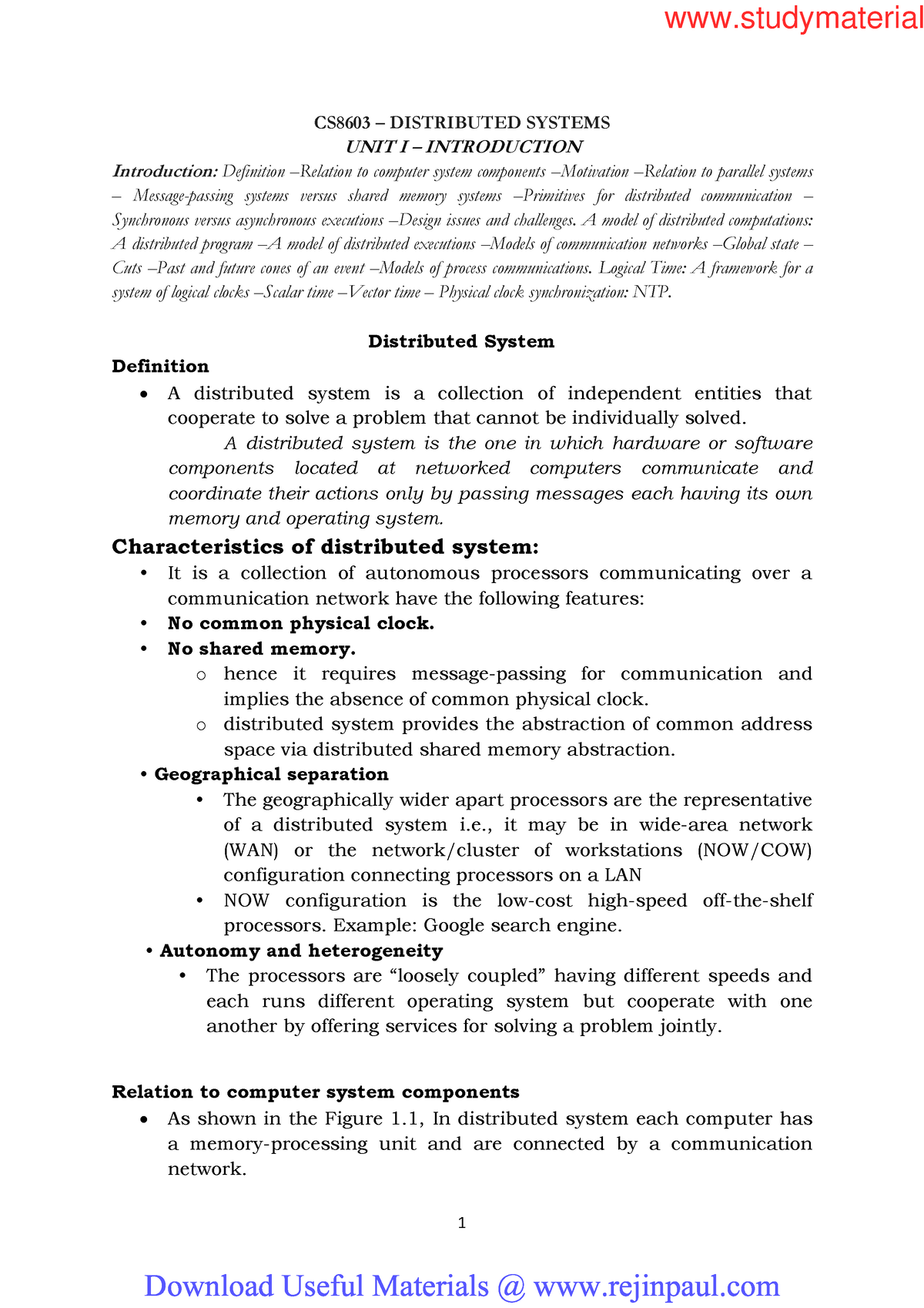 Distributed Systems CS8603 Notes - 1 CS8603 – DISTRIBUTED SYSTEMS UNIT ...