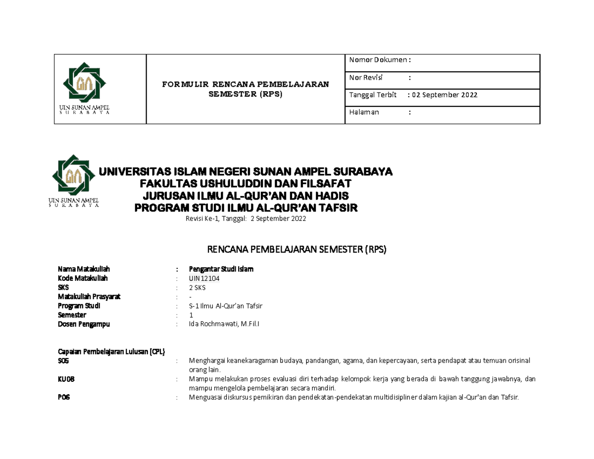 RPS Pengantar Studi Islam 2022-2023 Mahasiswa - FORMULIR RENCANA ...