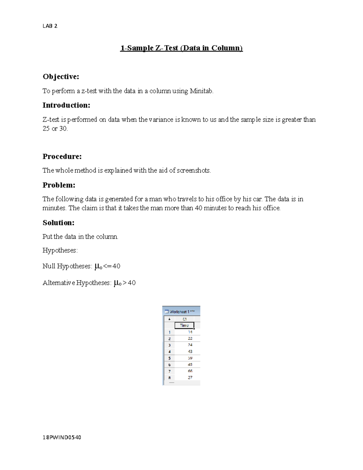 (18 Pwind 0540) LAB - Lab Reports of Design of Experiments - 1-Sample Z ...