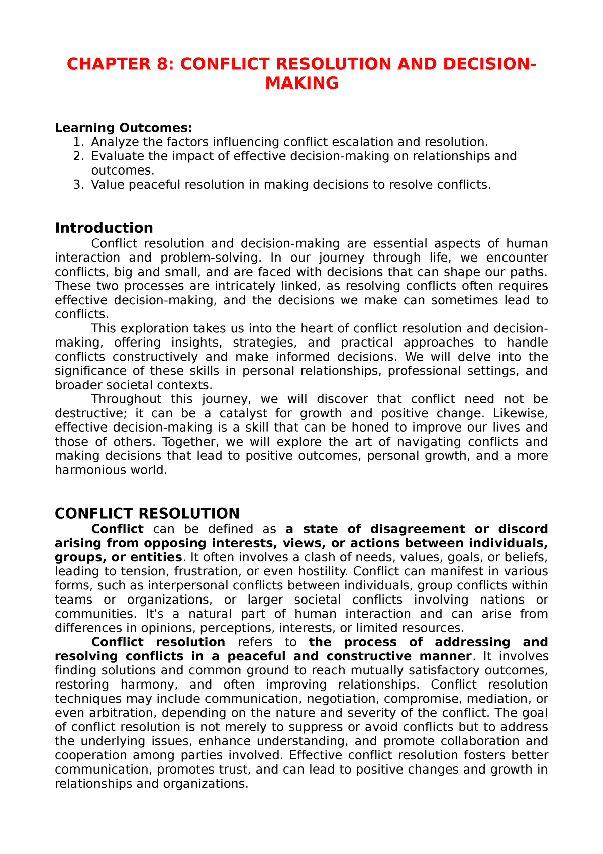 conflict resolution and decision making skills assignment quizlet