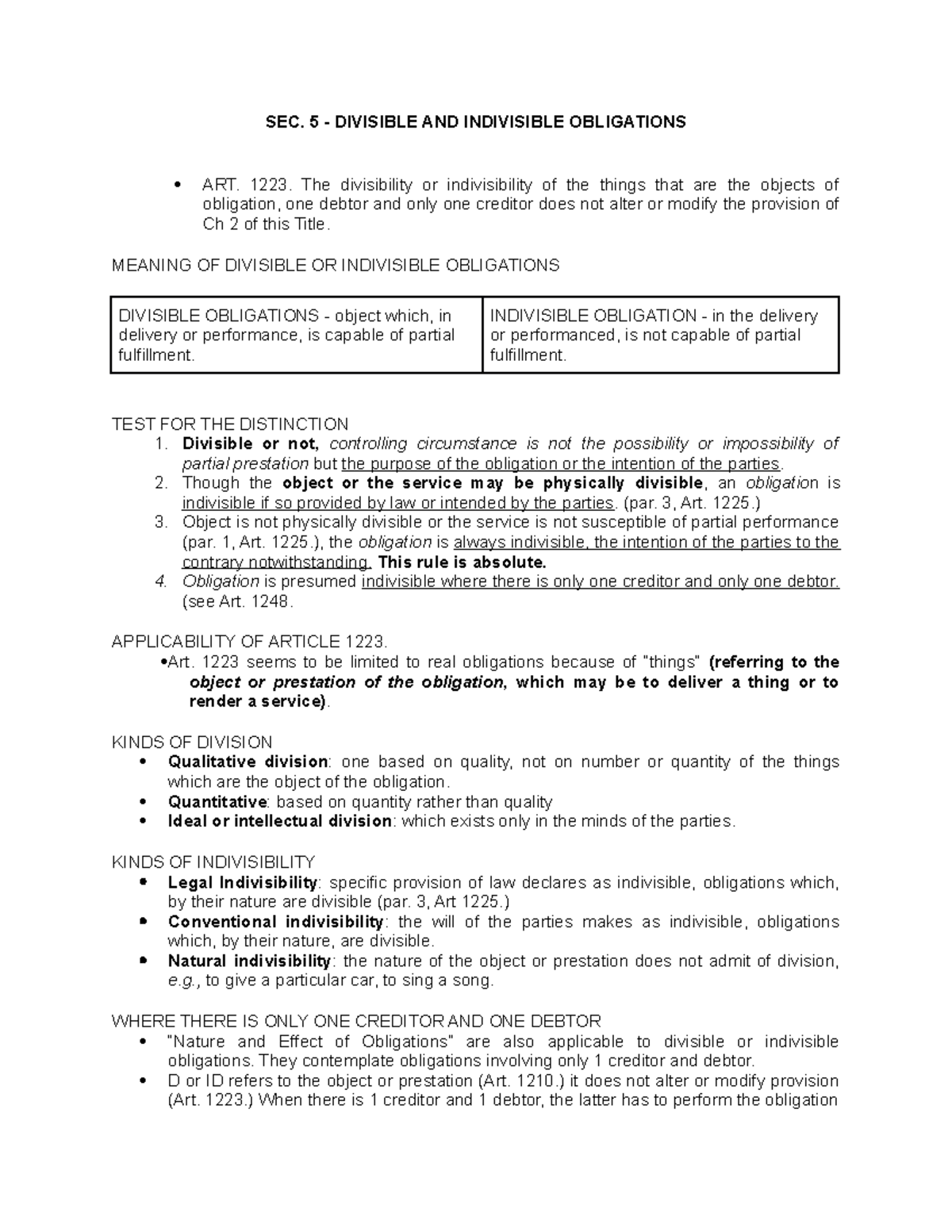 Law on Obligations and Contract - SEC. 5 - Divisible AND Indivisible ...