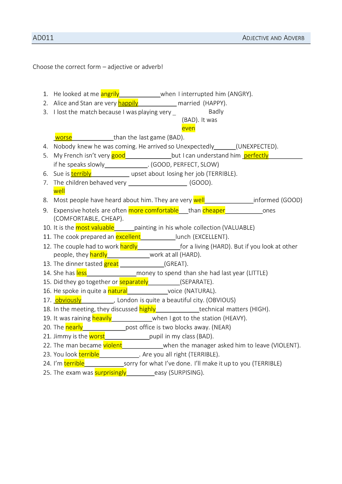 Adjectives And Adverbs W Choose The Correct Form Adjective Or 