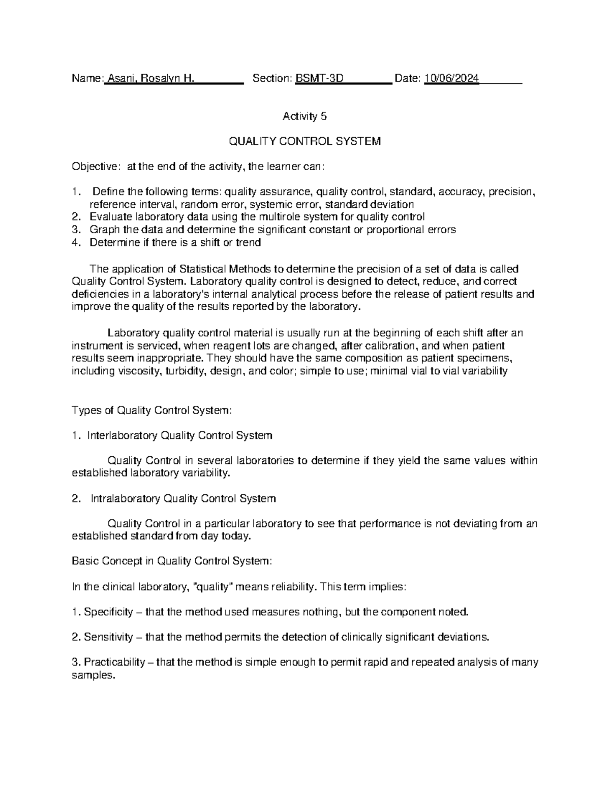 Activity 5 Quality Control Name Asani, Rosalyn H.________ Section