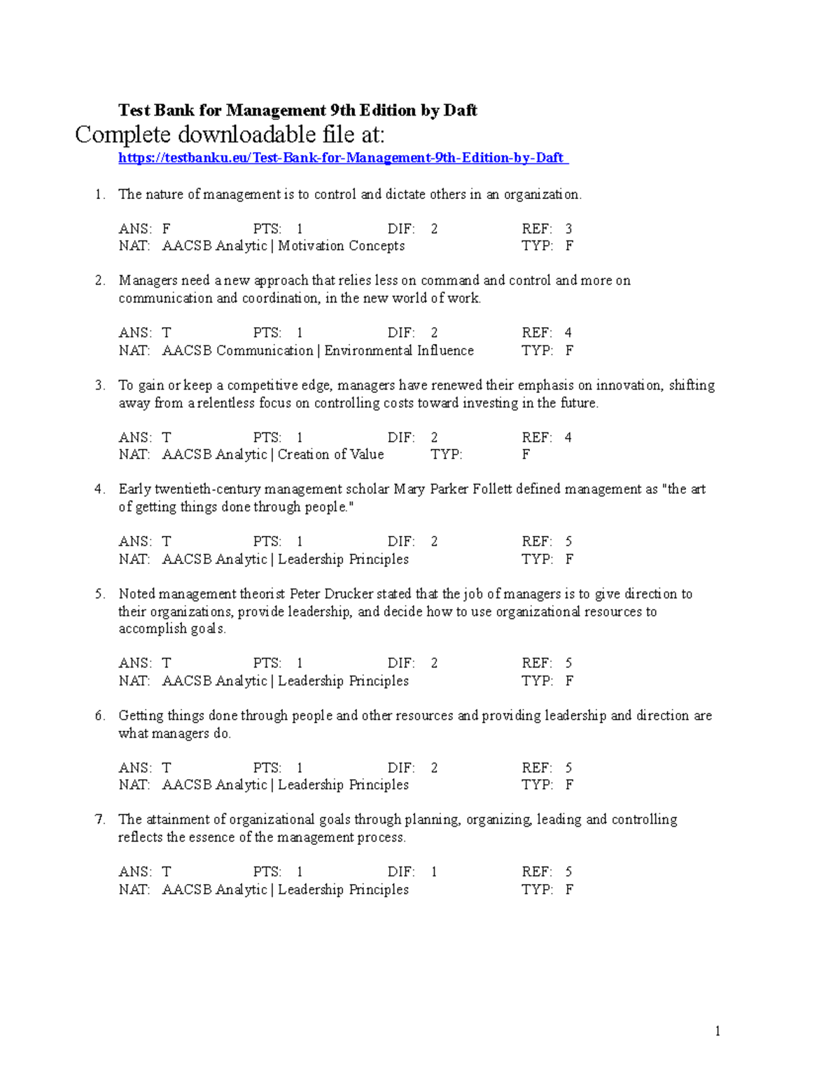 Test Bank for Management 9th Edition by The nature of management is