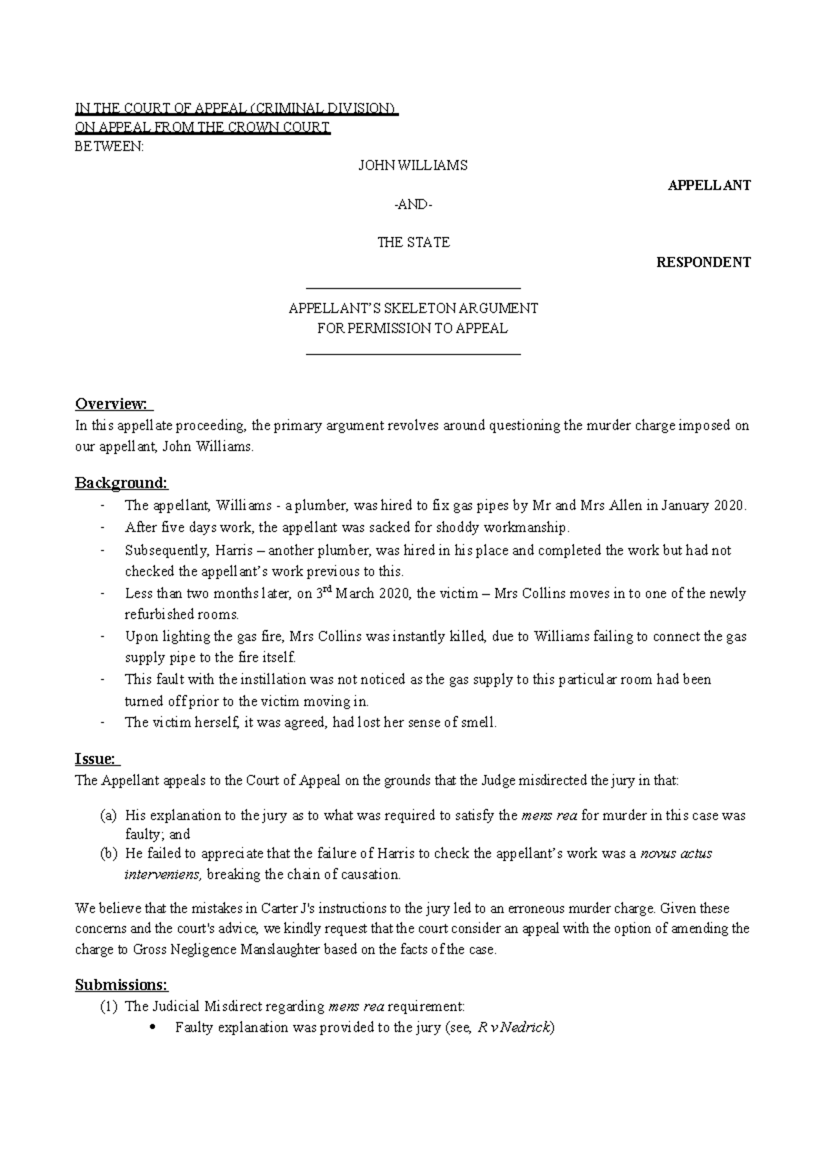Skelton Argument (Williams)[2639] - IN THE COURT OF APPEAL (CRIMINAL ...