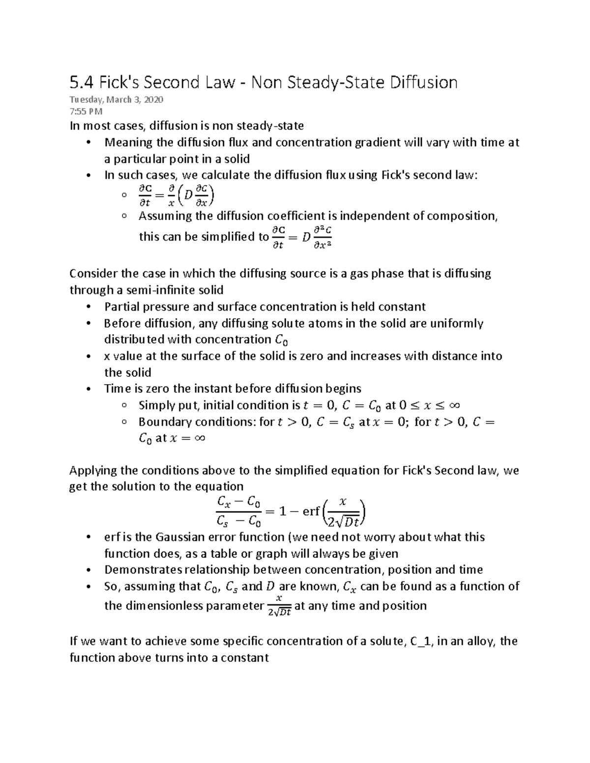 MSE250 Ch. 6.2-6.3 - 5 Fick's Second Law - Non Steady-State Diffusion ...