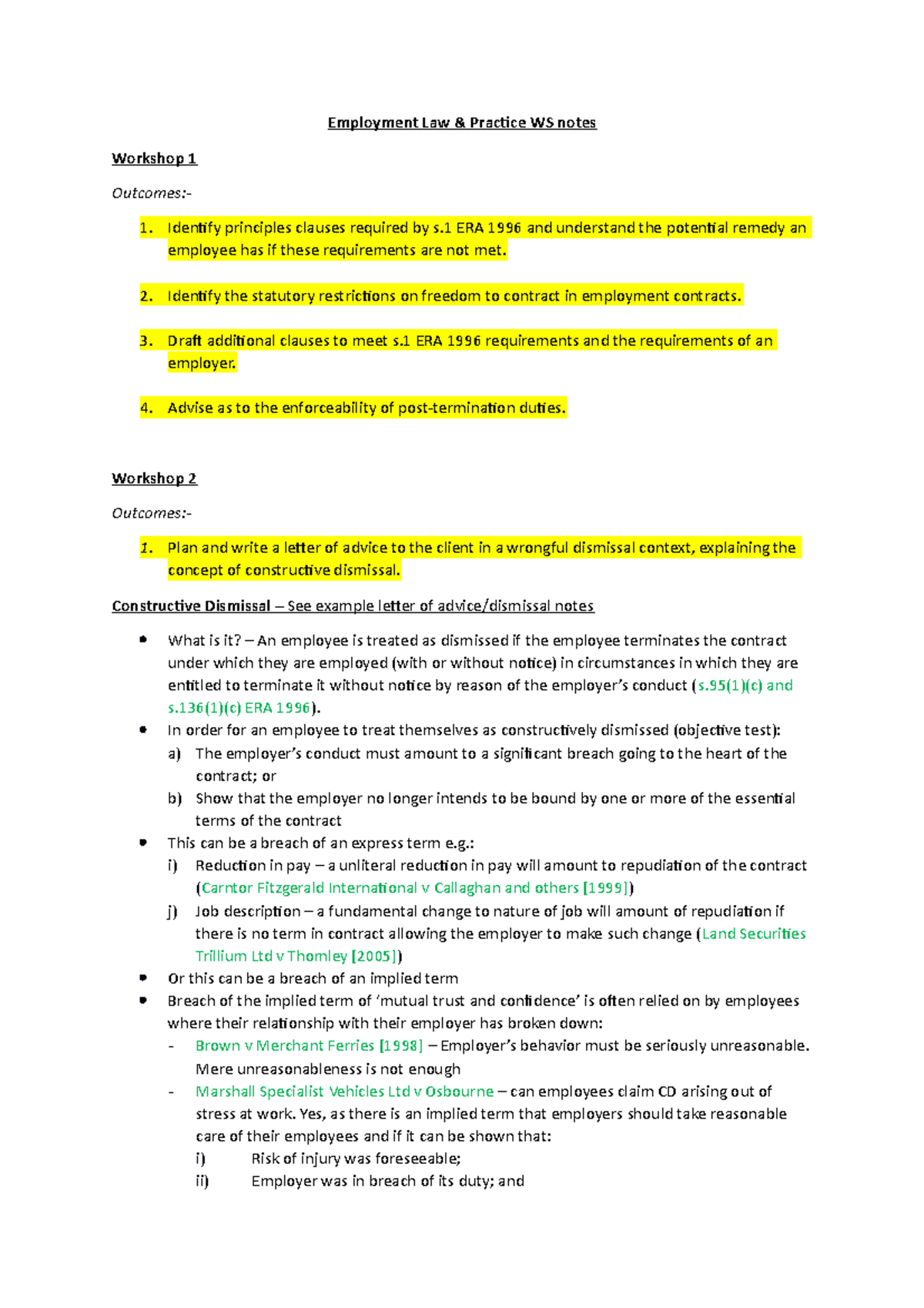 Employment Law WS notes - Employment Law & Practice WS notes Workshop 1 ...