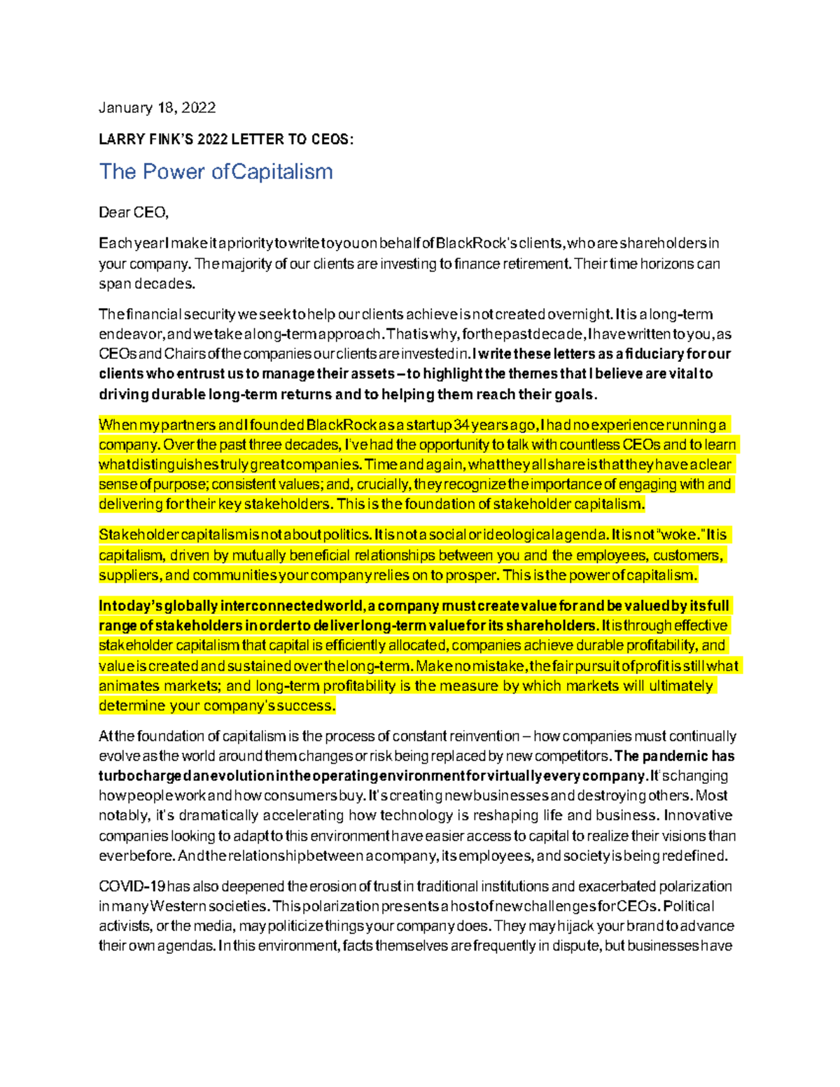 THE POWER OF CAPITALISM - January 18, 2022 LARRY FINK’S 2022 LETTER TO ...