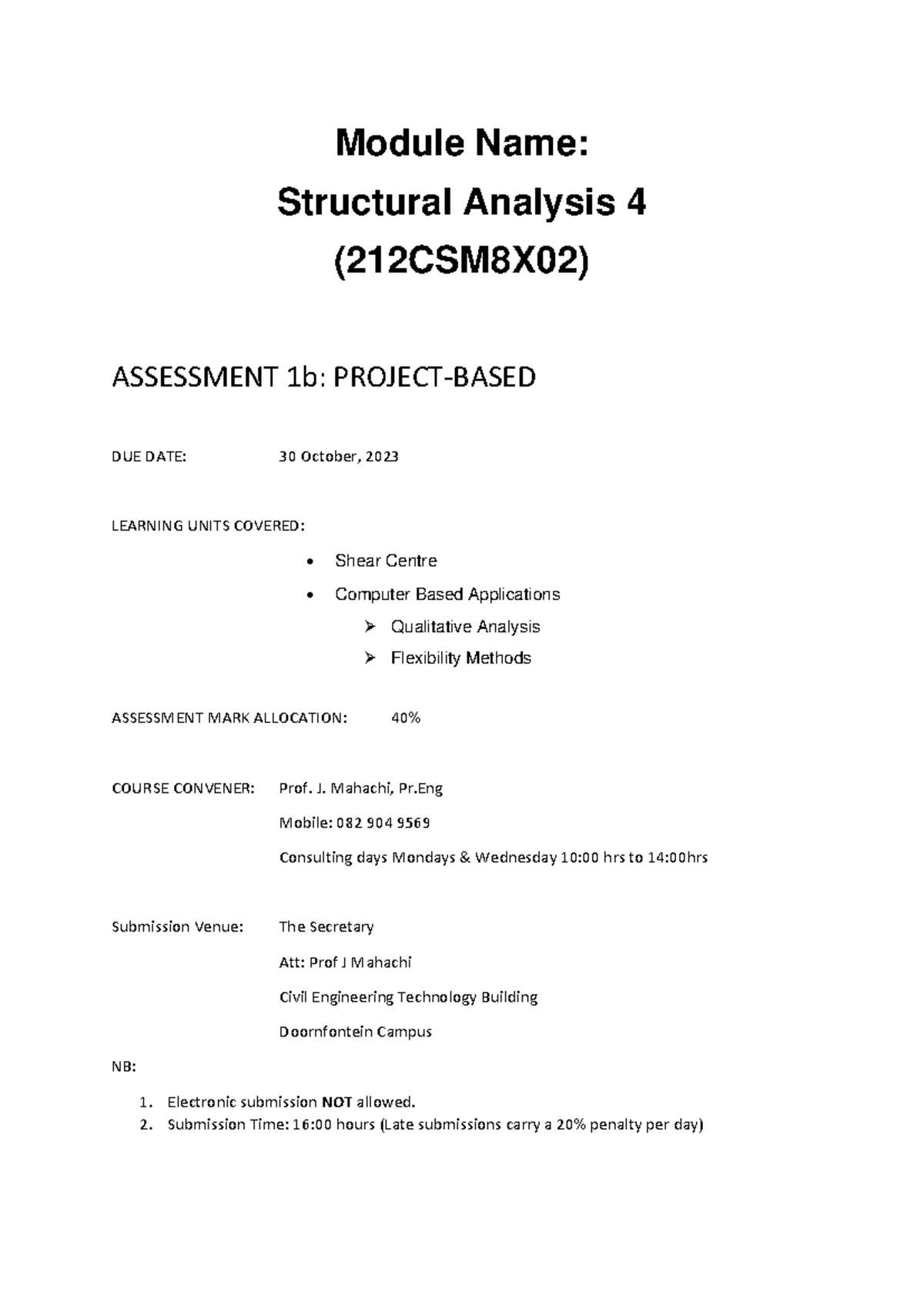 Assessment 1b 2023 - Part 2 - Module Name: Structural Analysis 4 ...