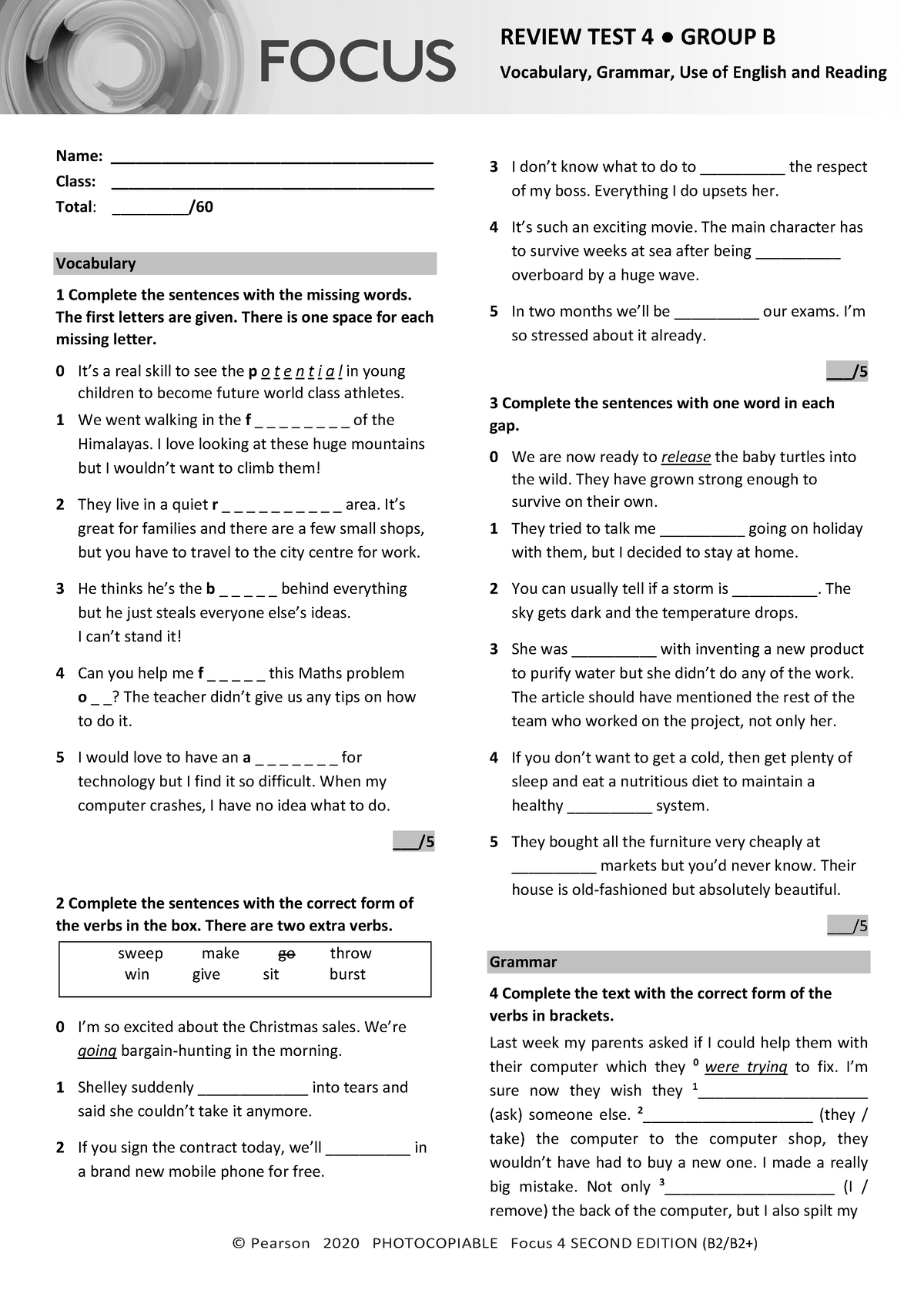 Focus 4 2E Review Test 4 Units 1 8 Vocabulary Grammar Uo E Reading ...