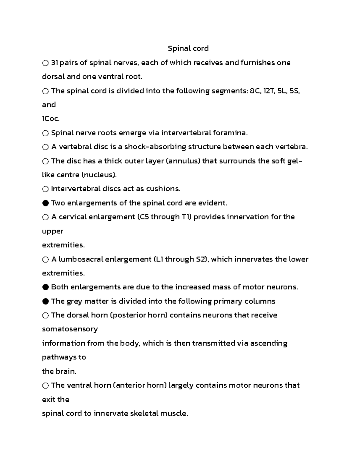 Nervous system 2 - lecture notes - Spinal cord 31 pairs of spinal ...