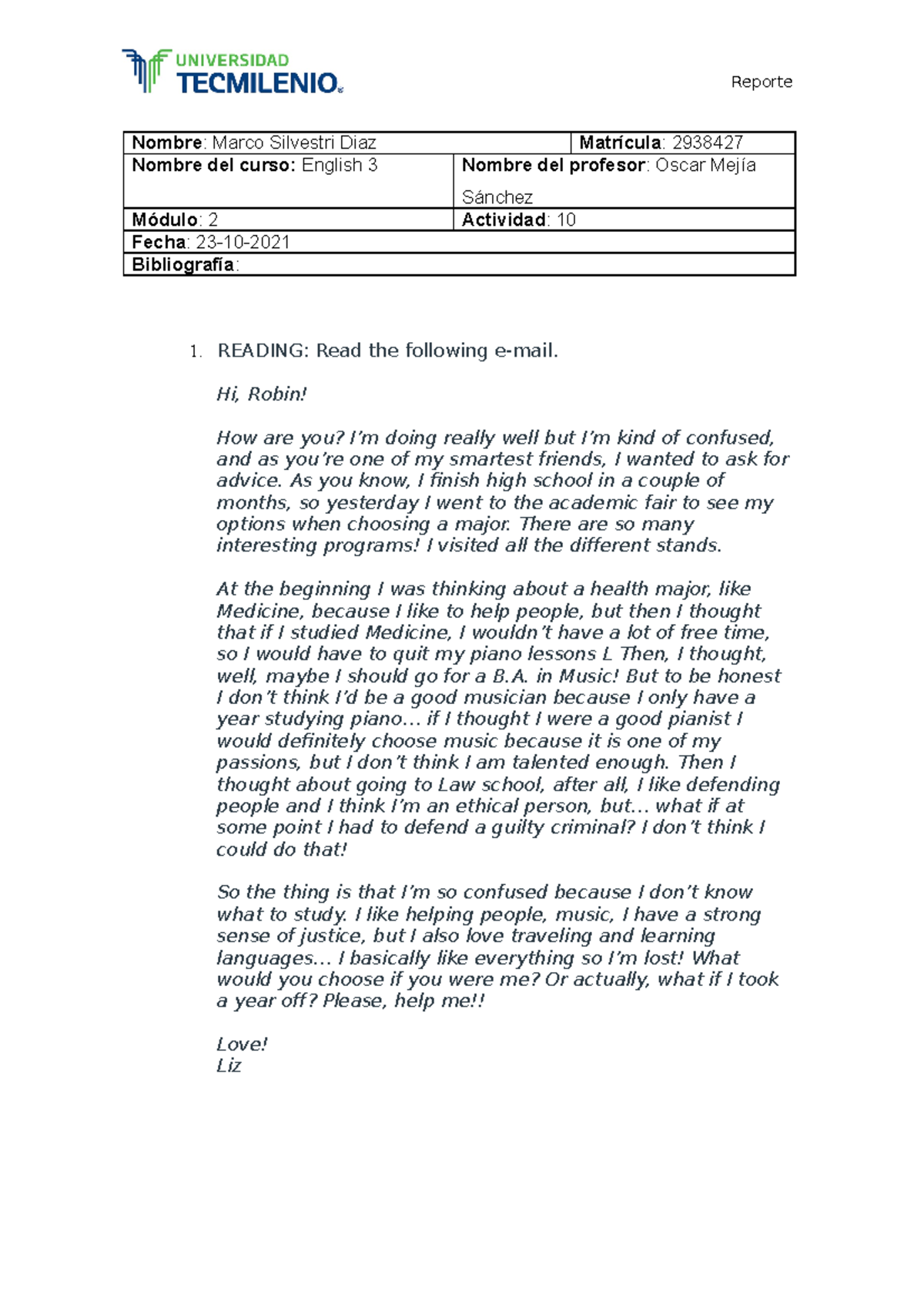 English 3 actividad 10 universidad Tecmilenio canvas - Reporte Nombre ...