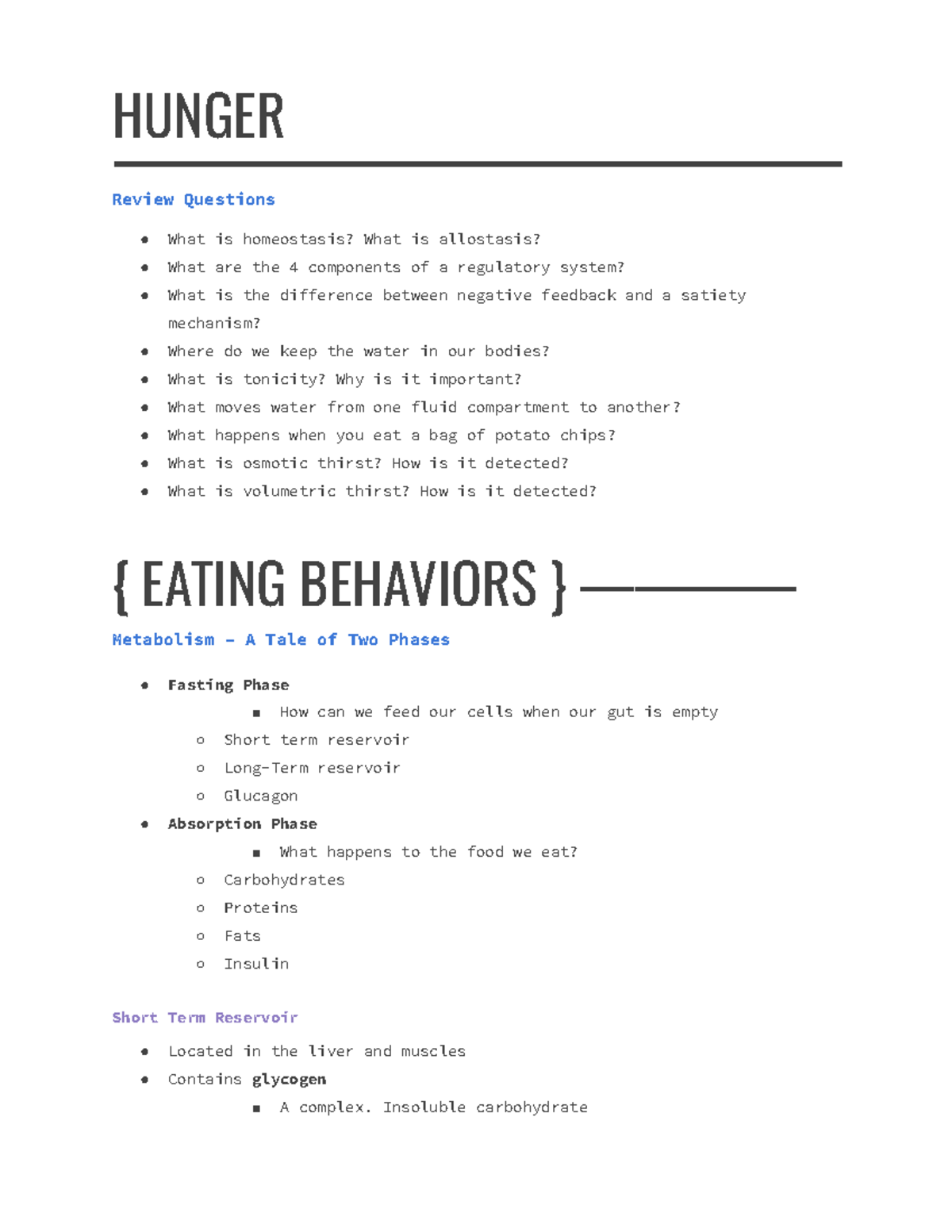 Hunger - HUNGER Review Questions What is homeostasis? What is ...