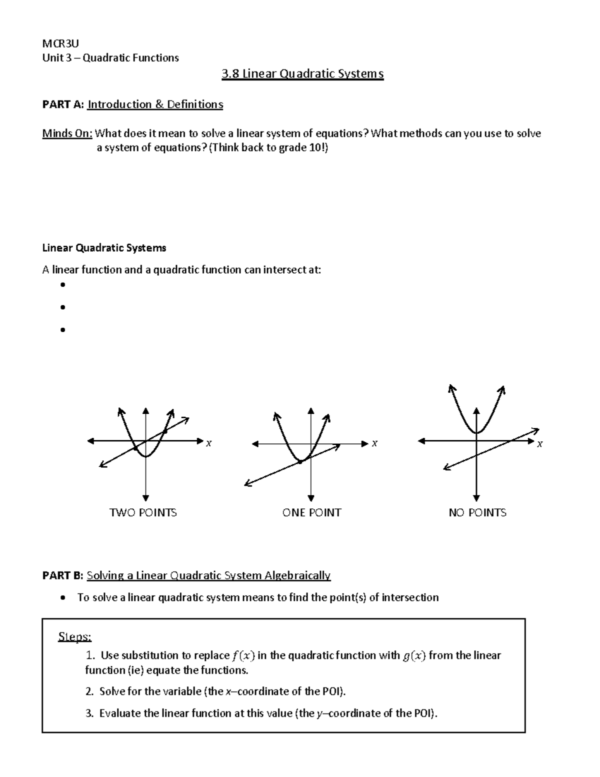 3.8 Linear Quadratic Systems - Use substitution to replace 𝑓(𝑥) in the ...