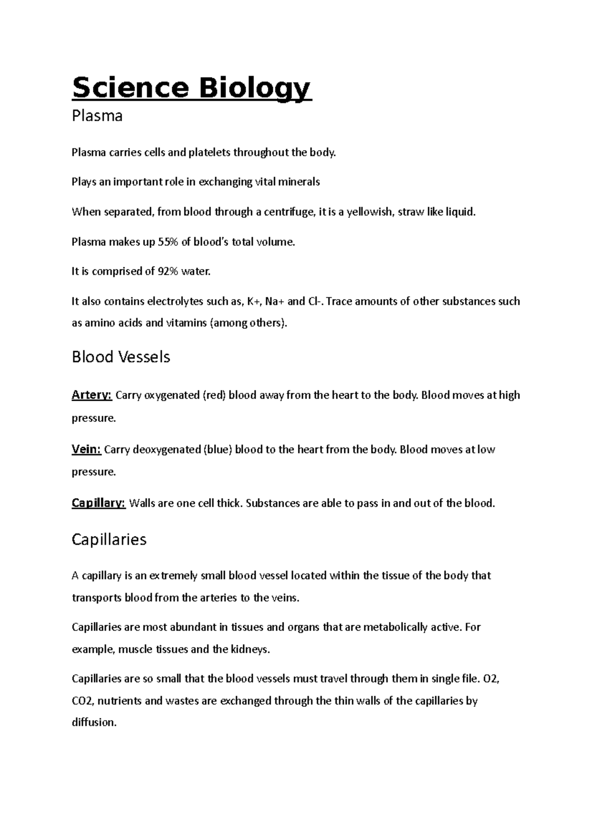 Science Notes - Sdfsfdsfds - Science Biology Plasma Plasma Carries 