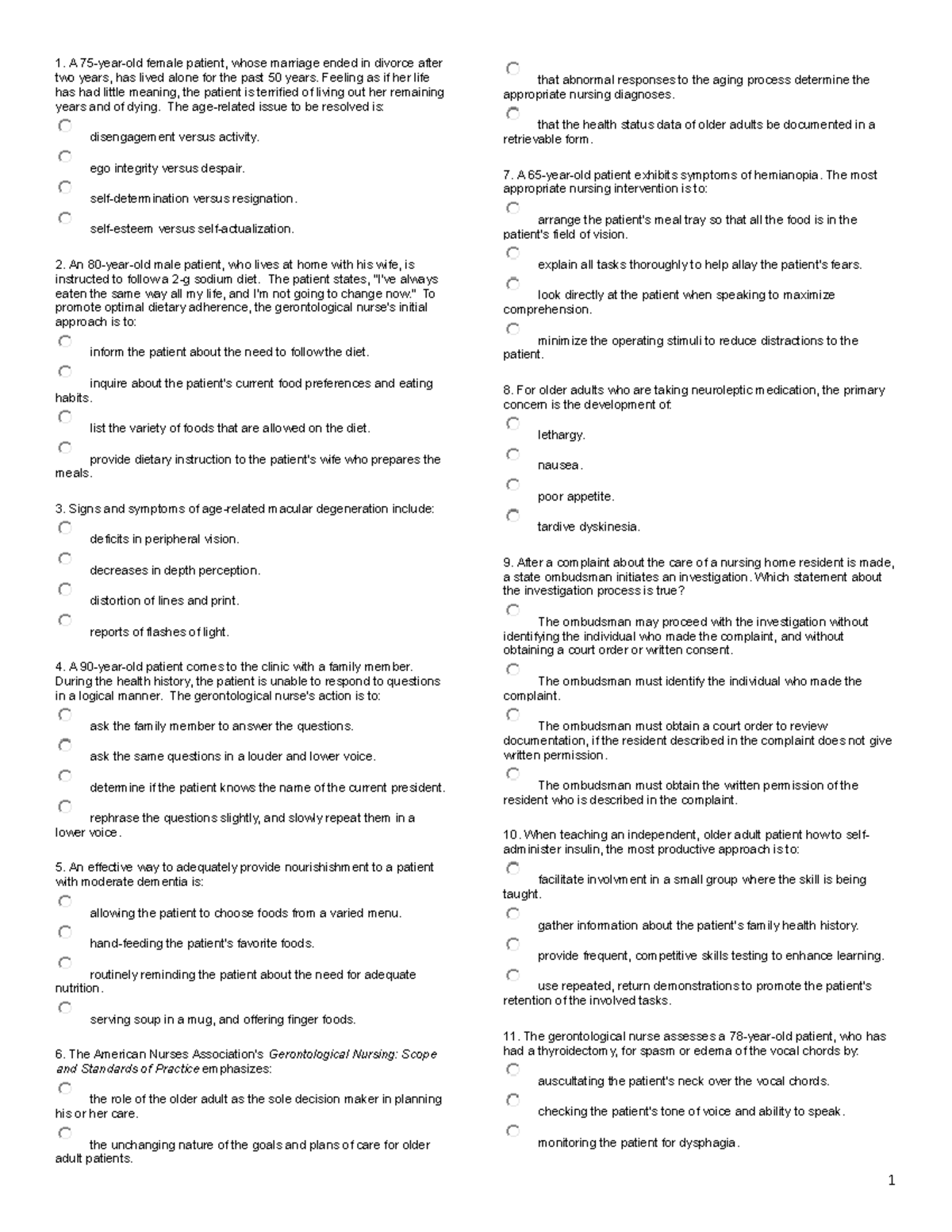 GERIATRICS NURSING - A 75-year-old female patient, whose marriage ended ...