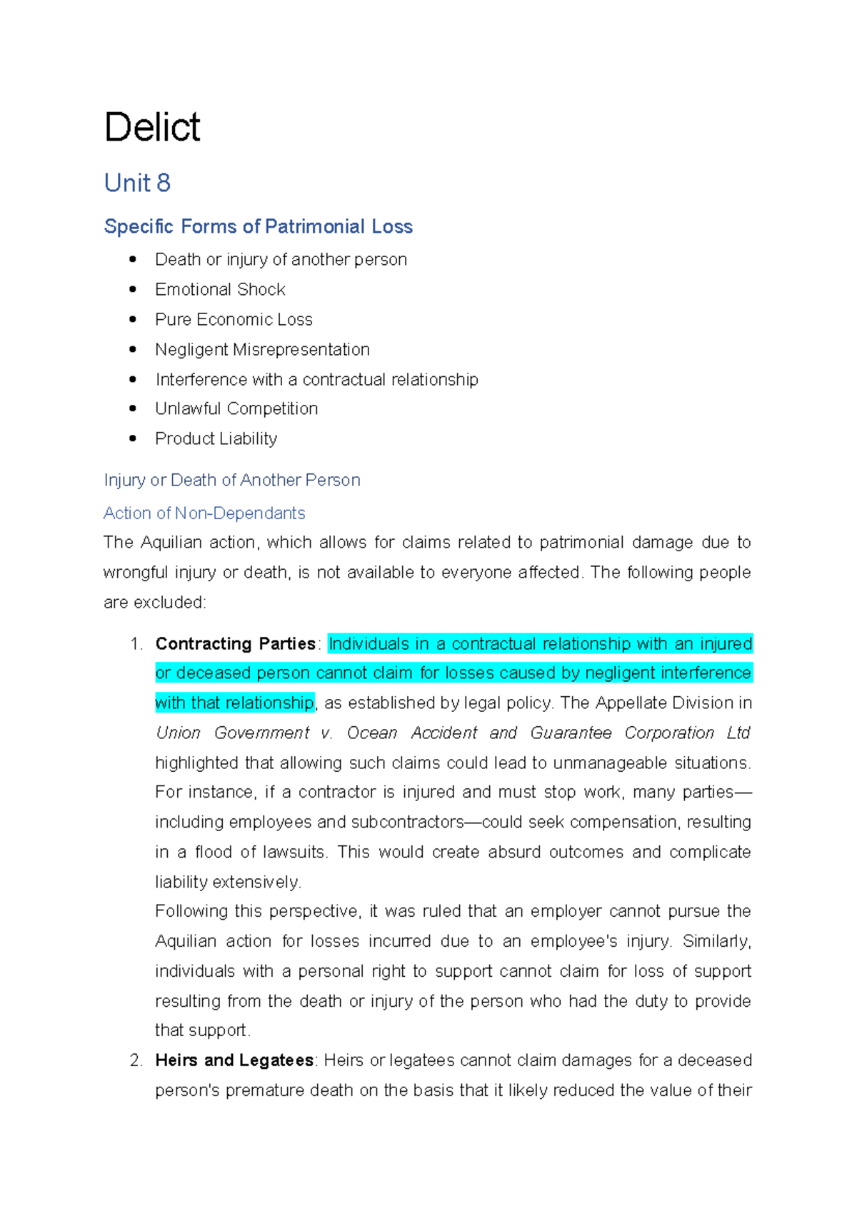 Law of Delict Test 4 Preparation - Delict Unit 8 Specific Forms of ...