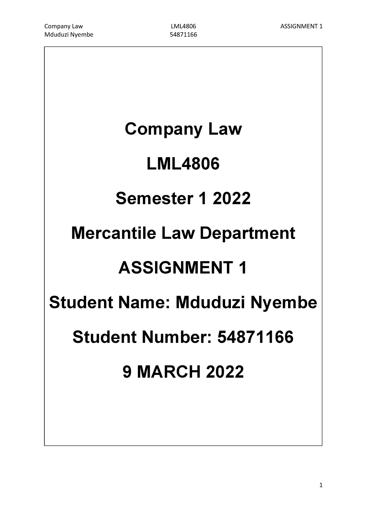 Lml4806 Assignment 1 Mduduzi Nyembe 54871166 Company Law Lml Semester 1 2022 Mercantile Law 9322