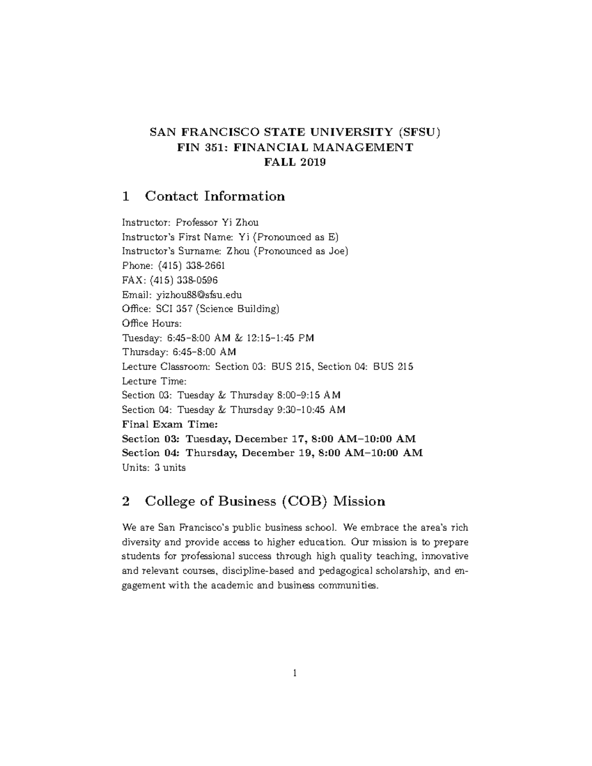 Syllabus FIN351 Fall 2019 - SAN FRANCISCO STATE UNIVERSITY (SFSU) FIN ...