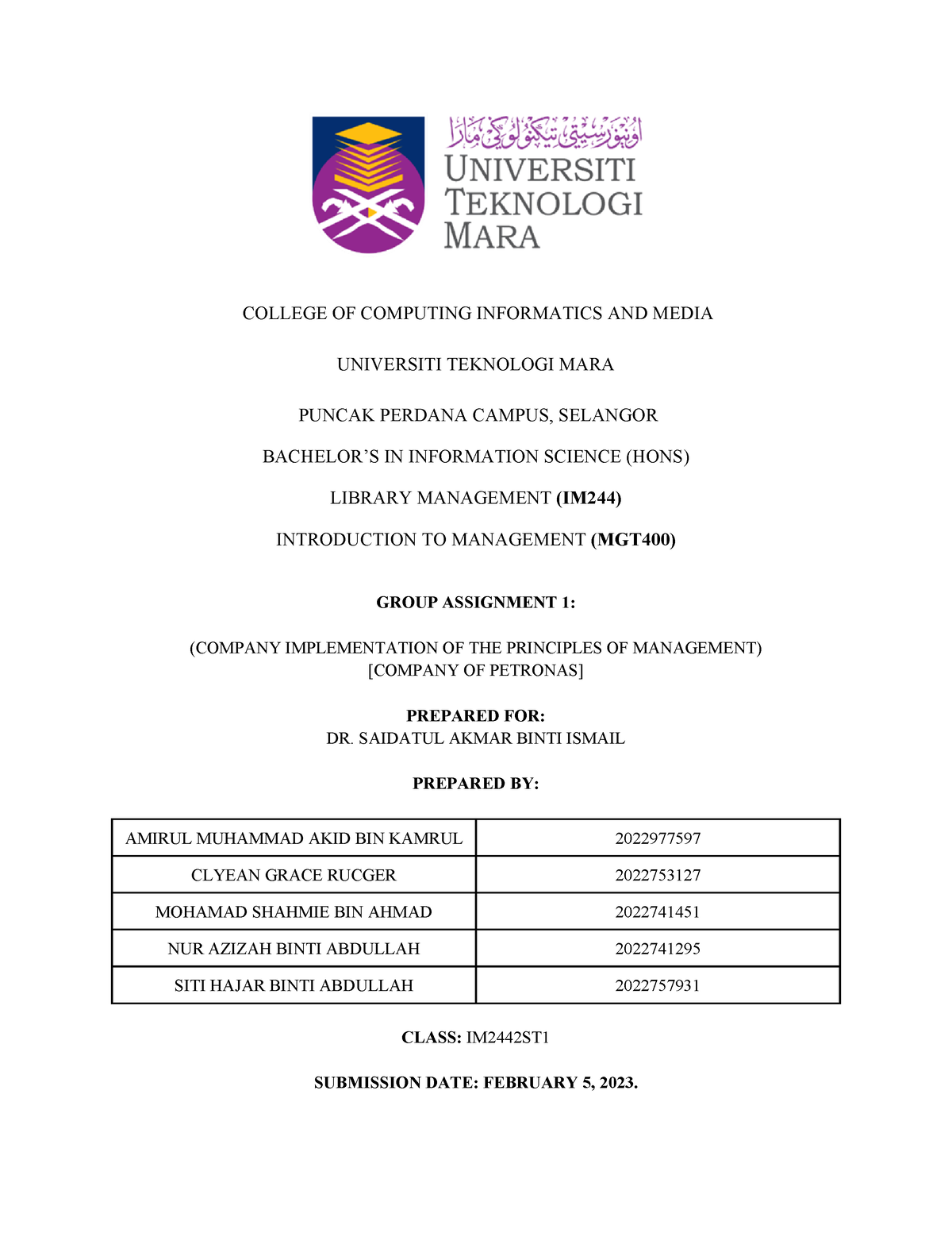 mgt400 group assignment petronas