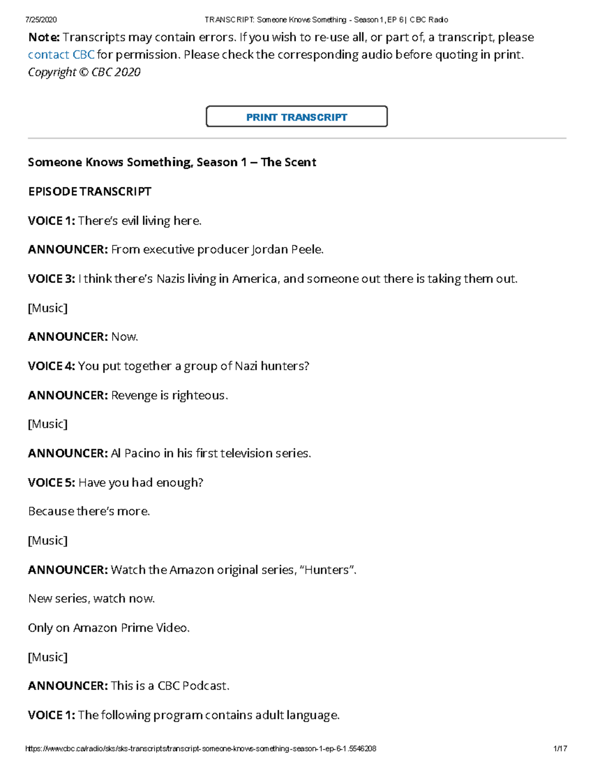Transcript Someone Knows Something Season 1 Ep 6 Cbc Radio Scsd 631 McGill Studocu