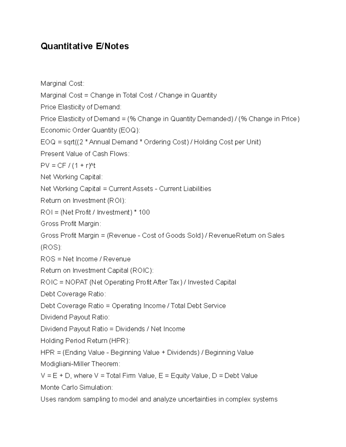 Quantitative E Quantitative E/Notes Marginal Cost Marginal Cost