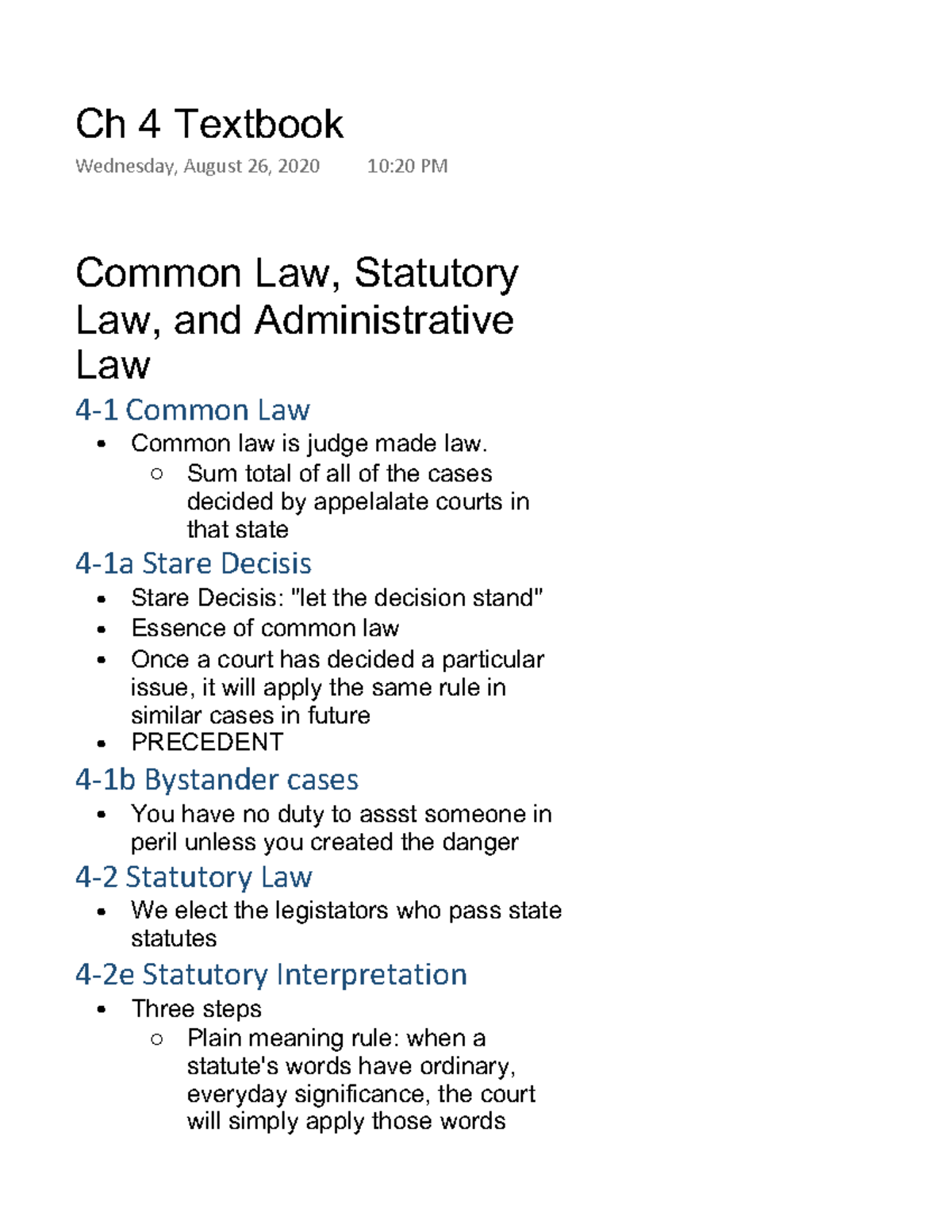 Ch 4 Textbook Notes Common Law, Statutory Law, and Administrative Law