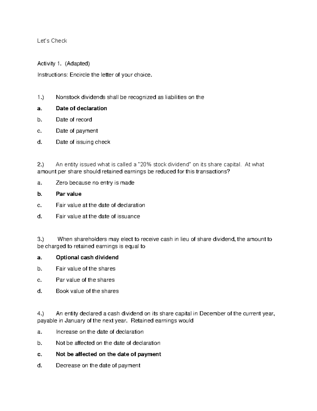 MCQ about retained earnings Let’s Check Activity 1. (Adapted
