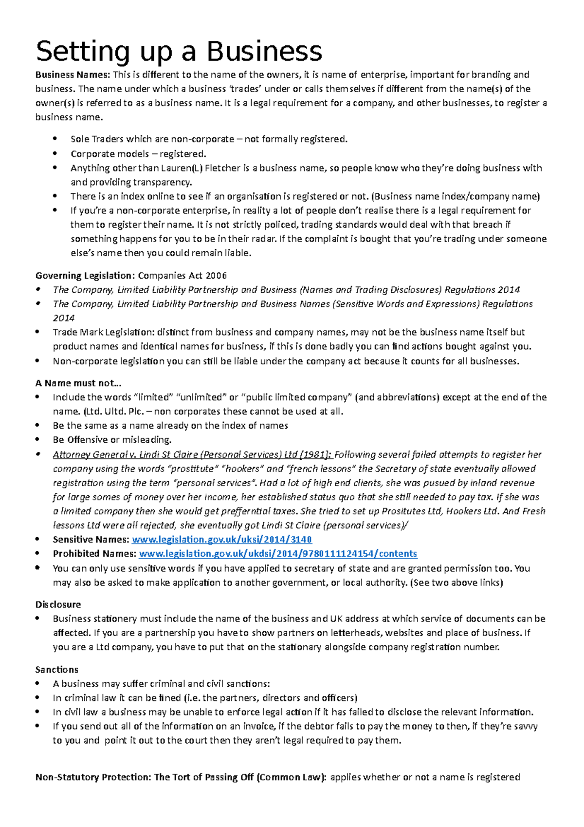 Lecture 6 Setting up a Buiness Setting up a Business Business Names