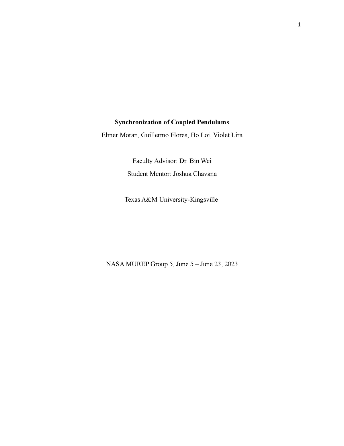 Synchronization Of Coupled Pendulums Final Report - Ceen 2301 - Tamuk 