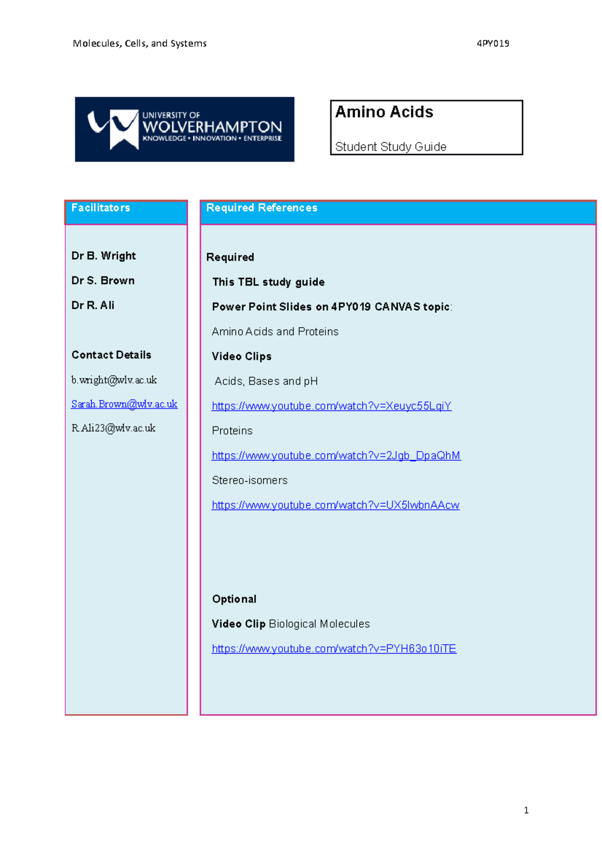 TBL 1 Amino Acids Student Guide 2022 - Facilitators Required References ...