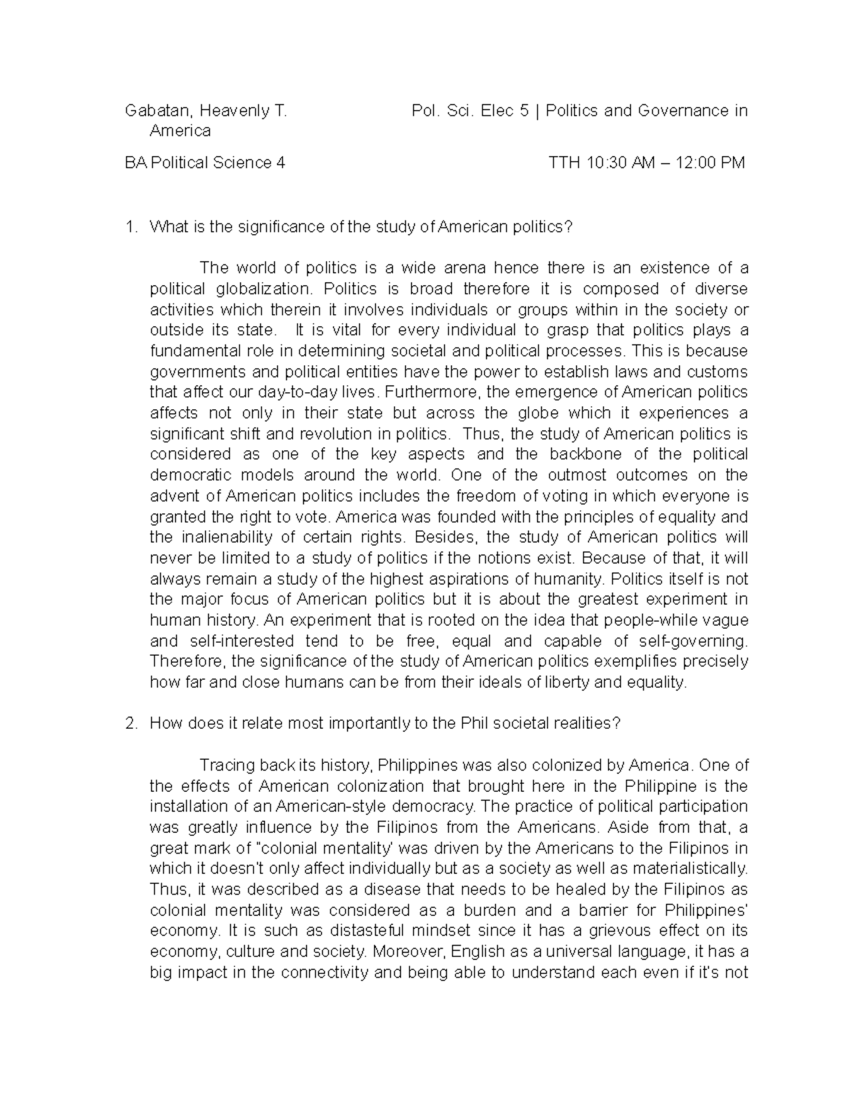 America - 1st Assignment - Gabatan, Heavenly T. Pol. Sci. Elec 5 ...