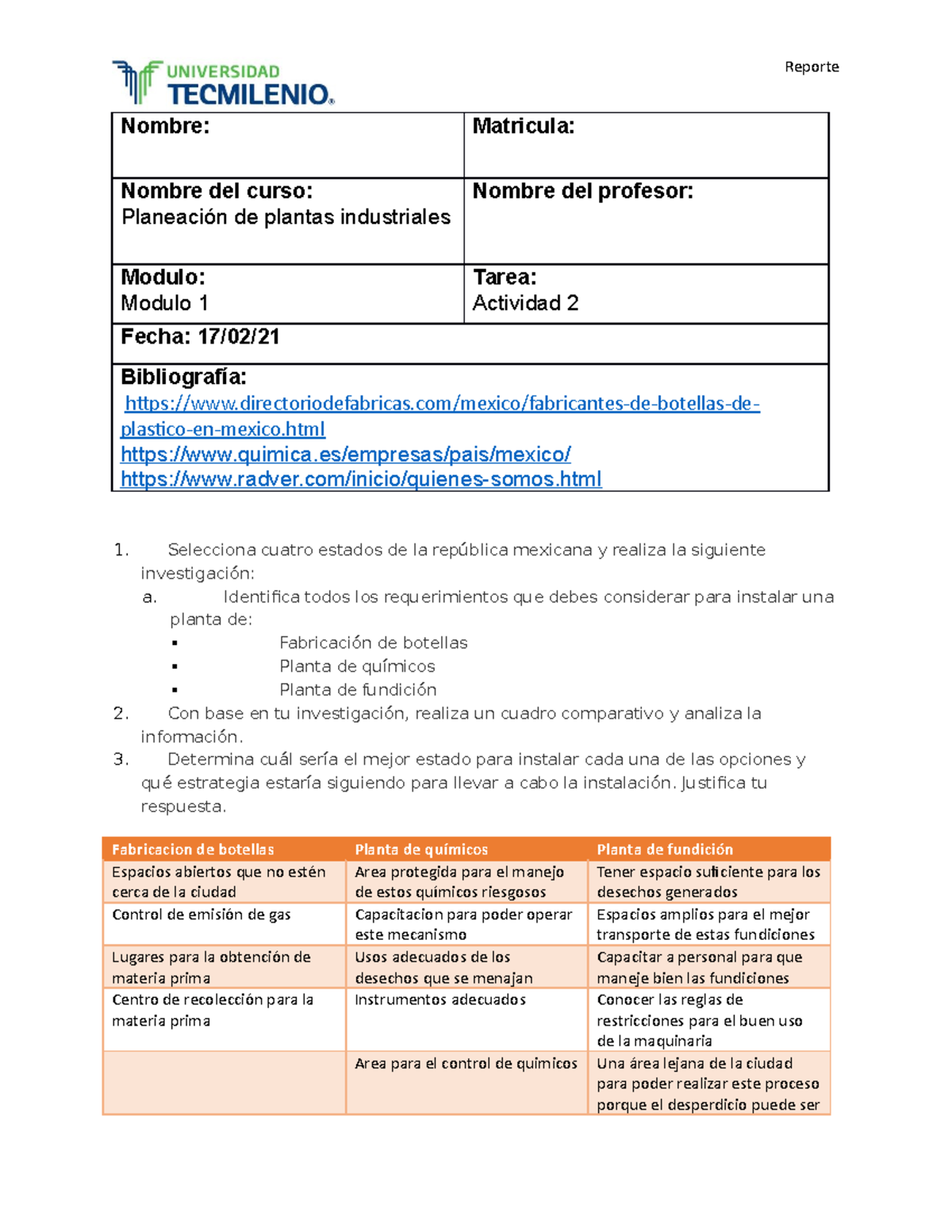 Actividad 2 - Reporte Nombre: Matricula: Nombre del curso: Planeación ...
